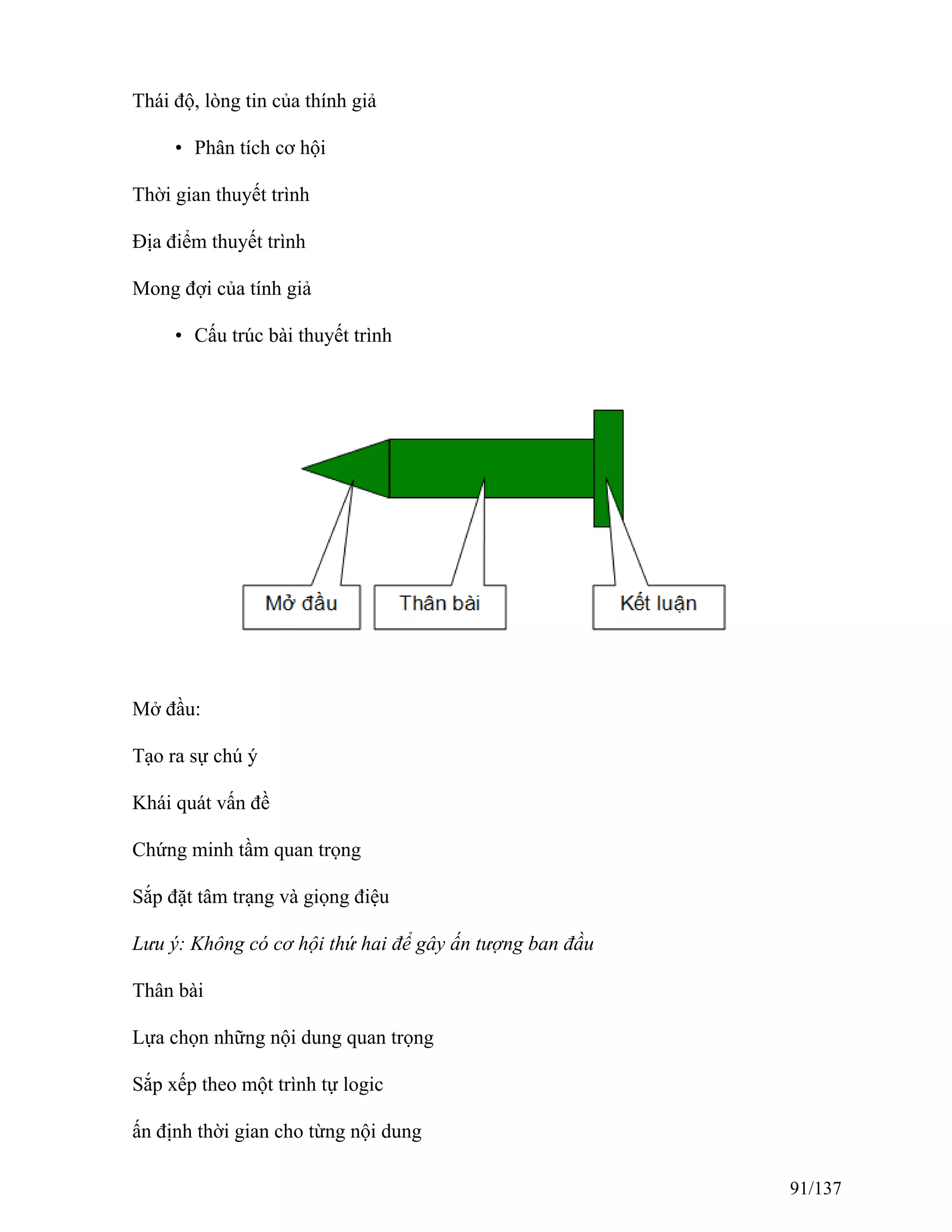 Thái độ, lòng tin của thính giả
• Phân tích cơ hội
Thời gian thuyết trình
Địa điểm thuyết trình
Mong đợi của tính giả
• Cấu trúc bài thuyết trình
Mở đầu:
Tạo ra sự chú ý
Khái quát vấn đề
Chứng minh tầm quan trọng
Sắp đặt tâm trạng và giọng điệu
Lưu ý: Không có cơ hội thứ hai để gây ấn tượng ban đầu
Thân bài
Lựa chọn những nội dung quan trọng
Sắp xếp theo một trình tự logic
ấn định thời gian cho từng nội dung
91/137
 