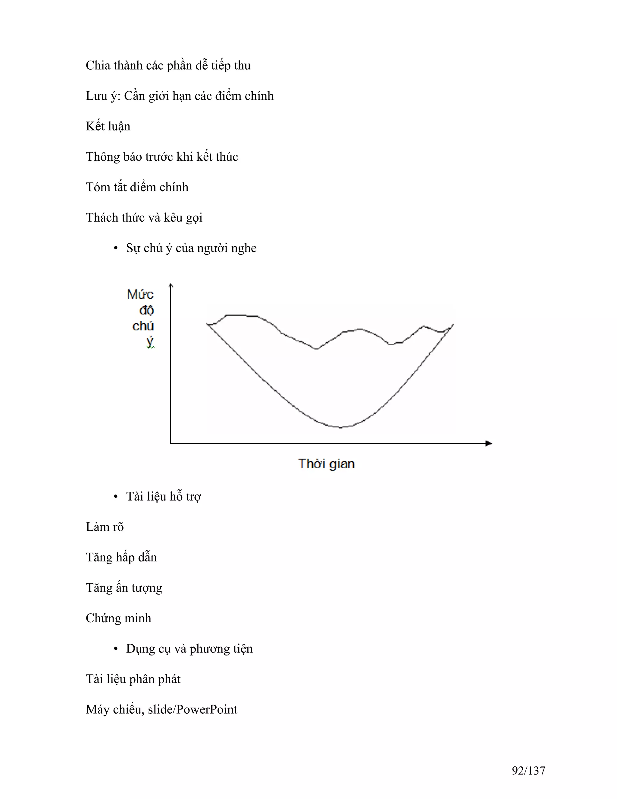 Chia thành các phần dễ tiếp thu
Lưu ý: Cần giới hạn các điểm chính
Kết luận
Thông báo trước khi kết thúc
Tóm tắt điểm chính
Thách thức và kêu gọi
• Sự chú ý của người nghe
• Tài liệu hỗ trợ
Làm rõ
Tăng hấp dẫn
Tăng ấn tượng
Chứng minh
• Dụng cụ và phương tiện
Tài liệu phân phát
Máy chiếu, slide/PowerPoint
92/137
 