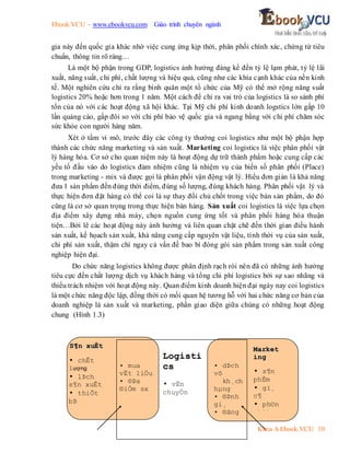 Ebook.VCU – www.ebookvcu.com Giáo trình chuyên ngành
Khoa A Ebook.VCU 10
gia này đến quốc gia khác nhờ việc cung ứng kịp thời, phân phối chính xác, chứng từ tiêu
chuẩn, thông tin rõ ràng…
Là một bộ phận trong GDP, logistics ảnh hưởng đáng kể đến tỷ lệ lạm phát, tỷ lệ lãi
xuất, năng suất, chi phí, chất lượng và hiệu quả, cũng như các khía cạnh khác của nền kinh
tế. Một nghiên cứu chỉ ra rằng bình quân một tổ chức của Mỹ có thể mở rộng năng suất
logistics 20% hoặc hơn trong 1 năm. Một cách để chỉ ra vai trò của logistics là so sánh phí
tổn của nó với các hoạt động xã hội khác. Tại Mỹ chi phí kinh doanh logstics lớn gấp 10
lần quảng cáo, gấp đôi so với chi phí bảo vệ quốc gia và ngang bằng với chi phí chăm sóc
sức khỏe con người hàng năm.
Xét ở tầm vi mô, trước đây các công ty thường coi logistics như một bộ phận hợp
thành các chức năng marketing và sản xuất. Marketing coi logistics là việc phân phối vật
lý hàng hóa. Cơ sở cho quan niệm này là hoạt động dự trữ thành phẩm hoặc cung cấp các
yếu tố đầu vào do logistics đảm nhiệm cũng là nhiệm vụ của biến số phân phối (Place)
trong marketing - mix và được gọi là phân phối vận động vật lý. Hiểu đơn giản là khả năng
đưa 1 sản phẩm đến đúng thời điểm, đúng số lượng, đúng khách hàng. Phân phối vật lý và
thực hiện đơn đặt hàng có thể coi là sự thay đổi chủ chốt trong việc bán sản phẩm, do đó
cũng là cơ sở quan trọng trong thực hiện bán hàng. Sản xuất coi logistics là việc lựa chọn
địa điểm xây dựng nhà máy, chọn nguồn cung ứng tốt và phân phối hàng hóa thuận
tiện…Bởi lẽ các hoạt động này ảnh hưởng và liên quan chặt chẽ đến thời gian điều hành
sản xuất, kế họach sản xuất, khả năng cung cấp nguyên vật liệu, tính thời vụ của sản xuất,
chi phí sản xuất, thậm chí ngay cả vấn đề bao bì đóng gói sản phẩm trong sản xuất công
nghiệp hiện đại.
Do chức năng logistics không được phân định rạch ròi nên đã có những ảnh hưởng
tiêu cực đến chất lượng dịch vụ khách hàng và tổng chi phí logistics bởi sự sao nhãng và
thiếu trách nhiệm với hoạt động này. Quan điểm kinh doanh hiện đại ngày nay coi logistics
là một chức năng độc lập, đồng thời có mối quan hệ tương hỗ với hai chức năng cơ bản của
doanh nghiệp là sản xuất và marketing, phần giao diện giữa chúng có những hoạt động
chung (Hình 1.3)
S
S¶
¶n
n x
xu
uÊ
Êt
t
• chÊt
lượng
• lÞch
s¶n xuÊt
• thiÕt
bÞ
• c«ng
suÊt
• tiªu
chuÈn
L
Lo
og
gi
is
st
ti
i
c
cs
s
• vËn
chuyÓn
• dù tr÷
• xö lý
®®h
• kho b·i
M
Ma
ar
rk
ke
et
t
i
in
ng
g
• s¶n
phÈm
• gi¸
c¶
• ph©n
phèi
• giao
tiÕp
• dÞch
vô
kh¸ch
hµng
• ®Þnh
gi¸
• ®ãng
gãi
• ®Þa
®iÓm
b¸n
lÎ
• mua
vËt liÖu
• ®Þa
®iÓm sx
 