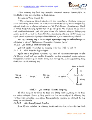 Ebook.VCU – www.ebookvcu.com Giáo trình chuyên ngành
Khoa A Ebook.VCU 106
- Chọn nhà cung ứng tốt sẽ tăng cường khả năng cạnh tranh của doanh nghiệp, tạo
tiền đề cho sự phát triển bền vững của doanh nghiệp.
Theo giáo sư Wibur England thì:
“ Một nhà cung cấp đáng tin cậy là người luôn trung thực và công bằng trong quan
hệ với khách hàng, nhân viên và với chính bản thân minh; Họ có đầy đủ các trang thiết bị,
máy móc thích hợp, có phương pháp công nghệ tốt để có thể cung cấp vật tư hàng hóa đủ
số lượng, đúng chất lượng, kịp thời hạn với giá cả hợp lý; Nhà cung cấp tin cậy có tình
hình tài chính lành mạnh, chính sách quản trị tiên tiến, linh hoạt, sáng tạo, không ngừng
cải tiến quy trình sản xuất cho hoàn thiện hơn, và cuối cùng, nhà cung cấp hiểu được rằng
quyền lợi của anh ta được đáp ứng nhiều nhất khi anh ta phục vụ khách hàng tốt nhất”
Như vậy, nhà cung ứng là tài sản vô giá, một trong những nhân tố chiến lược của
môi trường vi mô: 3C+1S (Customer, Competator, Company, Suplier)
5.1.2.2. Quá trình lựa chọn nhà cung ứng
Quá trình nghiên cứu và chọn nhà cung ứng có thể theo sơ đồ của hình 5.1
5.1.2.2.1. Giai đoạn thu thập thông tin
Nguồn dữ liệu bao gồm sơ cấp và thứ cấp. Trước hết cần thu thập thông tin thứ cấp:
Các báo cáo về tình hình mua và phân tích nguồn cung ứng trong doanh nghiệp, thông tin
trong các ấn phẩm (niên giám, bản tin thương mại, báo, tạp chí,…), thông qua những thông
tin xúc tiến của các nhà cung ứng.
Hình 5.1: Quá trình lựa chọn nhà cung ứng
Tất nhiên thông tin thứ cấp có thể đã cũ hoặc không chính xác, không có. Và do đó
cần phải có những dữ liệu sơ cấp thông qua điều tra khảo sát trực tiếp tại các nhà cung ứng.
Tùy thuộc vào những tiêu chuẩn cần để đánh giá các nhà cung ứng mà tiến hành thu thập
những dữ liệu cần thiết
5.1.2.2.2. Giai đoạn đánh giá, lựa chọn
Trước hết, cần phân loại các nhà cung ứng theo các tiêu thức cơ bản, như theo thành
Tập hợp
thông tin
Đánh giá
Tiếp xúc,
đề nghị Thử nghiệm
Quan hệ lâu dài
Làm lại
Đạt yêu cầu?
Có
Không
 