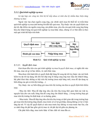 Ebook.VCU – www.ebookvcu.com Giáo trình chuyên ngành
Khoa A Ebook.VCU 108
5.1.3. Quá trình nghiệp vụ mua
Là tập hợp các công tác liên hệ kế tiếp nhau có tính chu kỳ nhằm thực hiện từng
thương vụ mua
Ngoài việc lựa chọn nguồn cung ứng, các chính sách mua thì thiết kế và triển khai
quá trình nghiệp vụ mua ảnh hưởng lớn đến kết quả mua. Tùy thuộc vào các quyết định của
dự trữ, đặc điểm của nguồn cung ứng, sản phẩm mua, yêu cầu của quá trình cung ứng hàng
hóa cho khách hàng mà quá trình nghiệp vụ mua khác nhau, nhưng về cơ bản diễn ra theo
một quá trình thể hiện trên hình
Hình 5.2: Quá trình nghiệp vụ mua
5.1.3.1. Quyết định mua
Giai đoạn đầu tiên của quá trình nghiệp vụ mua là quyết định mua, có nghĩa khi nào
thì mua, mua cái gì và bao nhiêu, và cách thức mua.
Mua được tiến hành khi có quyết định đặt hàng bổ sung dự trữ tùy thuộc vào mô hình
kiểm tra dự trữ áp dụng, khi đòi hỏi đáp ứng lô hàng cung ứng trực tiếp cho khách hàng,
khi phải khai thác những cơ hội trên thị trường (mua mặt hàng mới, mua để tận dụng sự
biến động của giá cả trên thị trường,…)
Tùy thuộc vào sự biến động giá mua trên thị trường mà đưa ra quyết định thời điểm
mua:
- Mua tức thời: Mua để đáp ứng nhu cầu tiêu thụ trong thời gian hiện tại (vật tư,
nguyên liệu cho sản xuất, hàng hóa để cung ứng cho khách hàng…) trong trường hợp giá
mua trên thị trường ổn định hoặc có xu hướng giảm;
- Mua trước: Mua để đáp ứng nhu cầu tiêu thụ trong cả thời gian dài trong trường hợp
giá mua trên thị trường tăng nhanh; mua trước sẽ có lợi giá thấp, nhưng không có lợi vì làm
tăng dự trữ. Vì vậy để quyết định có nên mua trước hay không và mua trước bao lâu, cần
so sánh tổng chi phí bao gồm giá trị mua và chi phí dự trữ giữa các phương án.
Cần phải hiểu rằng, mua trước khác về bản chất với mua đầu cơ.
Quyết định mua
Xác định
nhà cung ứng
Nhập hàng mua
Đặt
hàng, ký
hợp đồng
mua
Đánh giá sau mua
 