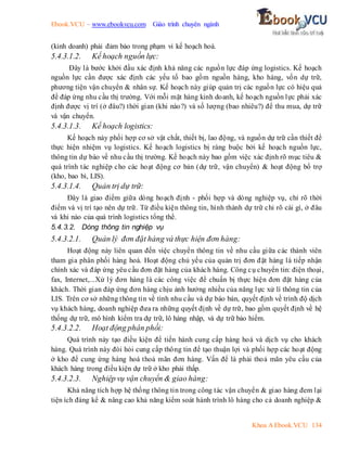 Ebook.VCU – www.ebookvcu.com Giáo trình chuyên ngành
Khoa A Ebook.VCU 134
(kinh doanh) phải đảm bảo trong phạm vi kế hoạch hoá.
5.4.3.1.2. Kế hoạch nguồn lực:
Đây là bước khởi đầu xác định khả năng các nguồn lực đáp ứng logistics. Kế hoạch
nguồn lực cần được xác định các yếu tố bao gồm nguồn hàng, kho hàng, vốn dự trữ,
phương tiện vận chuyển & nhân sự. Kế hoạch này giúp quản trị các nguồn lực có hiệu quả
để đáp ứng nhu cầu thị trường. Với mỗi mặt hàng kinh doanh, kế hoạch nguồn lực phải xác
định được vị trí (ở đâu?) thời gian (khi nào?) và số lượng (bao nhiêu?) để thu mua, dự trữ
và vận chuyển.
5.4.3.1.3. Kế hoạch logistics:
Kế hoạch này phối hợp cơ sở vật chất, thiết bị, lao động, và nguồn dự trữ cần thiết để
thực hiện nhiệm vụ logistics. Kế hoạch logistics bị ràng buộc bởi kế hoạch nguồn lực,
thông tin dự báo về nhu cầu thị trường. Kế hoạch này bao gồm việc xác định rõ mục tiêu &
quá trình tác nghiệp cho các hoạt động cơ bản (dự trữ, vận chuyển) & hoạt động bổ trợ
(kho, bao bì, LIS).
5.4.3.1.4. Quản trị dự trữ:
Đây là giao điểm giữa dòng hoạch định - phối hợp và dòng nghiệp vụ, chỉ rõ thời
điểm và vị trí tạo nên dự trữ. Từ điều kiện thông tin, hình thành dự trữ chỉ rõ cái gì, ở đâu
và khi nào của quá trình logistics tổng thể.
5.4.3.2. Dòng thông tin nghiệp vụ
5.4.3.2.1. Quản lý đơn đặt hàng và thực hiện đơn hàng:
Hoạt động này liên quan đến việc chuyển thông tin về nhu cầu giữa các thành viên
tham gia phân phối hàng hoá. Hoạt động chủ yếu của quản trị đơn đặt hàng là tiếp nhận
chính xác và đáp ứng yêu cầu đơn đặt hàng của khách hàng. Công cụ chuyển tin: điện thoại,
fax, Internet,...Xử lý đơn hàng là các công việc để chuẩn bị thực hiện đơn đặt hàng của
khách. Thời gian đáp ứng đơn hàng chịu ảnh hưởng nhiều của năng lực xử lí thông tin của
LIS. Trên cơ sở những thông tin về tình nhu cầu và dự báo bán, quyết định về trình độ dịch
vụ khách hàng, doanh nghiệp đưa ra những quyết định về dự trữ, bao gồm quyết định về hệ
thống dự trữ, mô hình kiểm tra dự trữ, lô hàng nhập, và dự trữ bảo hiểm.
5.4.3.2.2. Hoạt động phân phối:
Quá trình này tạo điều kiện để tiến hành cung cấp hàng hoá và dịch vụ cho khách
hàng. Quá trình này đòi hỏi cung cấp thông tin để tạo thuận lợi và phối hợp các hoạt động
ở kho để cung ứng hàng hoá thoả mãn đơn hàng. Vấn để là phải thoả mãn yêu cầu của
khách hàng trong điều kiện dự trữ ở kho phải thấp.
5.4.3.2.3. Nghiệp vụ vận chuyển & giao hàng:
Khả năng tích hợp hệ thống thông tin trong công tác vận chuyển & giao hàng đem lại
tiện ích đáng kể & nâng cao khả năng kiểm soát hành trình lô hàng cho cả doanh nghiệp &
 