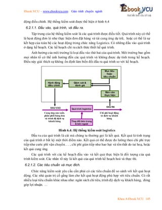 Ebook.VCU – www.ebookvcu.com Giáo trình chuyên ngành
Khoa A Ebook.VCU 145
động điều chỉnh. Hệ thống kiểm soát được thể hiện ở hình 6.4
6.2.1.1. Đầu vào, quá trình, và đầu ra.
Tập trung của hệ thống kiểm soát là các quá trình được điều tiết. Quá trình này có thể
là họat động đơn lẻ như thực hiện đơn đặt hàng và tái cung ứng dự trữ, hoặc có thể là sự
kết hợp của toàn bộ các hoạt động trong chức năng Logistics. Có những đầu vào quá trình
ở dạng kế hoạch. Các kế hoạch chỉ ra cách thức thiết kế quá trình.
Ảnh hưởng của môi trường là loại đầu vào thứ hai của quá trình. Môi trường bao gồm
mọi nhân tố có thể ảnh hưởng đến các quá trình và không được dự tính trong kế hoạch.
Điều này giải thích sự không ổn định làm biến đổi đầu ra quá trình so với kế hoạch.
Hình 6.4: Hệ thống kiểm soát logistics
Đầu ra của quá trình là cái mà chúng ta thường gọi là kết quả. Kết quả là tình trạng
của quá trình ở bất kỳ một thời điểm nào. Kết quả có thể được đo lường theo chi phí trực
tiếp như cước phí vận chuyển. . . , chi phí gián tiếp như hao hụt và tổn thất do tai hoạ, hoặc
kết quả cung ứng.
Các quá trình với các kế hoạch đầu vào và kết quả thực hiện là đối tượng của quá
trình kiểm soát. Các nhân tố này là kết quả của quá trình kế hoạch hoá và thực thi.
6.2.1.2. Các tiêu chuẩn và mục đích.
Chức năng kiểm soát yêu cầu cần phải có các tiêu chuẩn để so sánh với kết quả hoạt
động. Các nhà quản trị cố gắng làm cho kết quả hoạt động phù hợp với tiêu chuẩn. Có rất
nhiều loại tiêu chuẩn khác nhau như: ngân sách chi tiêu, trình độ dịch vụ khách hàng, đóng
góp lợi nhuận. . .
Mục tiêu
hoặc
tiêu chuẩn
Báo cáo
thực hiện
Giám sát &
đánh giá
Hành động
điều chỉnh
ĐẦU RA
ĐẦU VÀO Quá trình logistics
Thay đổi bên trong
& bên ngoài
Chi phí hoạt động
và dịch vụ khách
hàng
Cung ứng sản xuất,
phân phối hàng hóa
và trình độ dịch vụ
khách hàng
 