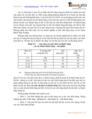 Ebook.VCU – www.ebookvcu.com Giáo trình chuyên ngành
Khoa A Ebook.VCU 38
Các vụ buôn bán ở mức tối ưu thấp, đôi khi cũng mang lại nhiều lợi nhuận hơn nhờ
việc giảm các chi phí dịch vụ. Một trong những phương pháp đó là trì hoãn các đơn đặt
hàng trong một khoảng thời gian, ví dụ là từ thứ 2 tơí thứ 6 và sau đó gộp các đơn này vào
một chuyến vận chuyển tới các khách hàng, từ đó nhà sản xuất sẽ có thể tiết kiệm được một
khoản chi phí. Lợi nhuận cũng có thể có nếu nhà sản xuất thoả thuận được với khách hàng
trả các khoản cước phí vận chuyển hoặc có thể cho khách hàng đặt hàng vào bất kỳ thời
điểm nào nhưng với giao hẹn là sẽ giao hàng trong 1 khoảng thời gian thoả thuận nào đó.
Phương pháp này thích hợp với các doanh nghiệp có phổ mặt hàng rộng và các nhóm
khách hàng đa dạng
Phương pháp này thường được sử dụng tại các doanh nghiệp bán lẻ nhằm xác đinh
chỉ tiêu về lượng hóa dự trữ hợp lý, từ đó làm tiền đề xác định các chỉ tiêu khác của chính
sách dịch vụ. Nó dựa vào lý thuyết cho rằng, lợi ích chủ yếu của việc có sẵn hàng dự trữ
Bảng 2.3: Lựa chọn các mức dịch vụ khách hàng
với các nhóm khách hàng – sản phẩm
Mức tối
ưu
Tỉ lệ hàng DT
trong kho (%)
Thời
gian (giờ)
Đạt tiêu
chuẩn
(%)
1-5 100 48 99
6-10 97.5 72 97
11-15 95 96 95
16-20 90 120 93
b4. Phương pháp dựa trên chi phí thiếu hàng dự kiến
( Phản ứng của khách hàng khi hết hàng trong kho)
(hay lợi ích của việc thỏa mãn dịch vụ khách hàng) chính là giảm tỷ lệ thiếu hàng dự trữ.
Do đó, chúng ta có thể tính toán chi phí của việc thiếu hàng dự trữ dự kiến qua việc sử
dụng những thông tin dự báo về khả năng có thể xảy ra việc thiếu dự trữ. Sau đó, có thể
phân tích để xác định các mức độ dịch vụ khách hàng khác nhau một cách trực tiếp bằng
việc so sánh chi phí thiếu hàng dự kiến và lợi ích của việc tăng doanh thu do dịch vụ khách
hàng mang lại.
Phương pháp tiến hành theo trình tự sau:
- Bước 1: xác định những hậu quả có khả năng xảy ra do việc thiếu hàng. Thông
thường bao gồm 3 khả năng: đặt hàng lại - mất doanh số - mất khách hàng.
- Bước 2: tính toán kết quả của mỗi chi phí thiệt hại đó, sau đó ước lượng chi phí
của việc thiếu hàng để bán.
 
