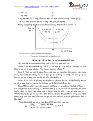 Ebook.VCU – www.ebookvcu.com Giáo trình chuyên ngành
Khoa A Ebook.VCU 68
0 < Qi < Q1 p1
Qi  Q1 p2
ở đây, Qi- Qui mô lô hàng cần mua; Q1-Giới hạn qui mô lô hàng có mức giá p1
p2- Giá hàng hoá khi qui mô lô hàng vượt quá giới hạn Q1
Đường cong tổng chi phí đối với chính sách này được thể hiện ở hình 3.4
Đường cong xác định (hiện thực)
Đường cong không xác định (không hiện thực)
Hình 3.4: Đồ thị tổng chi phí theo qui mô lô hàng
Quá trình xác định qui mô lô hàng kinh tế theo các bước như sau:
- Bước 1: Tính qui mô lô hàng kinh tế Qo2 với mức giá thấp nhất p2. Nếu Qo2 xác định
thì đó là qui mô lô hàng cần tìm. Nếu không, tính tiếp ở bước 2.
Bước 2: Tính qui mô lô hàng tối ưu với mức giá thấp hơn Q01 (giá trị nằm trong
khoảng xác định). Tính tổng chi phí F theo qui mô lô hàng tối ưu Q0i1với mức giá p1 và
theo các qui mô lô hàng giới hạn Qi với mức giá thấp hơn p2.
- Bước 3: So sánh các phương án chi phí trên, phương án nào có chi phí thấp hơn thì
qui mô lô hàng ứng với phương án đó là qui mô lô hàng kinh tế cần tìm.
Ví dụ: Một trạm bán buôn cần mua một mặt hàng với nhu cầu dự báo là 2.600 đơn vị /
năm. Chi phí một đơn đqặt hàng là 100.000đ/đơn, tỷ lệ chi phí đảm bảo dự trữ là 20%/năm.
Nguồn hàng có chính sách giảm giá vì lượng toàn bộ với 2 mức giá như sau: p1 =
50.000đ/đơn vị cho qui mô mua Qi < 500 đơn vị, và giảm 5% giá khi số lượng mua ³ 500
đơn vị. Vậy trạm bán buôn cần mua với qui mô bao nhiêu để tổng chi phí mua cả năm là
thấp nhất?
- Trước hết ta tính qui mô lô hàng kinh tế Q0 ứng với 2 mức giá;
228
000
.
50
20
,
0
000
.
100
600
.
2
2
1
2
01 





p
k
Mf
Q
d
h đơn vị
Qui mô lô hàng
Tổng chi
phí F
Chi phí với
0 < Qi <Q1
Chi phí với
Qi  Q1
0 Q1
 