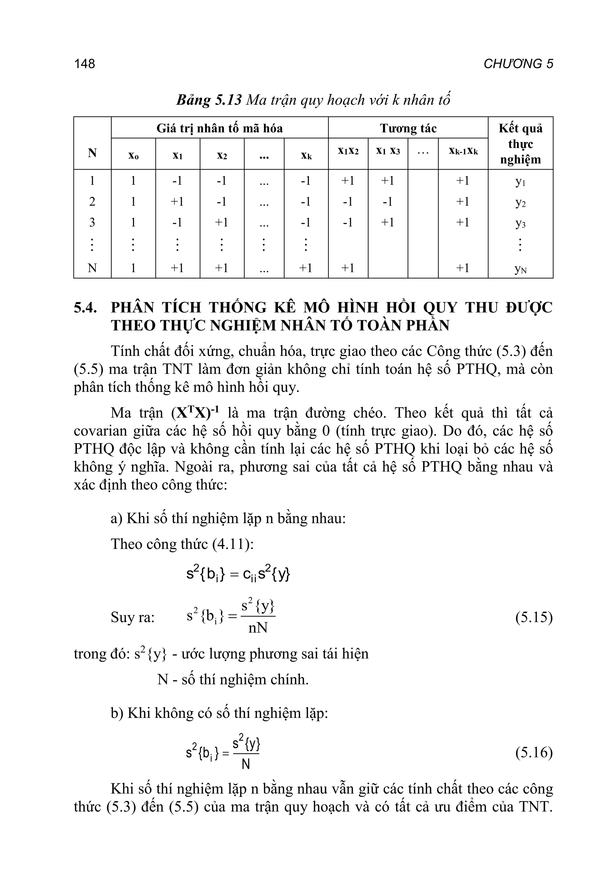 148 CHƯƠNG 5
Bảng 5.13 Ma trận quy hoạch với k nhân tố
N
Giá trị nhân tố mã hóa Tương tác Kết quả
thực
nghiệm
xo x1 x2 ... xk
x1x2 x1 x3 … xk-1xk
1 1 -1 -1 ... -1 +1 +1 +1 y1
2 1 +1 -1 ... -1 -1 -1 +1 y2
3 1 -1 +1 ... -1 -1 +1 +1 y3
      
N 1 +1 +1 ... +1 +1 +1 yN
5.4. PHÂN TÍCH THỐNG KÊ MÔ HÌNH HỒI QUY THU ĐƯỢC
THEO THỰC NGHIỆM NHÂN TỐ TOÀN PHẦN
Tính chất đối xứng, chuẩn hóa, trực giao theo các Công thức (5.3) đến
(5.5) ma trận TNT làm đơn giản không chỉ tính toán hệ số PTHQ, mà còn
phân tích thống kê mô hình hồi quy.
Ma trận (XTX)-1 là ma trận đường chéo. Theo kết quả thì tất cả
covarian giữa các hệ số hồi quy bằng 0 (tính trực giao). Do đó, các hệ số
PTHQ độc lập và không cần tính lại các hệ số PTHQ khi loại bỏ các hệ số
không ý nghĩa. Ngoài ra, phương sai của tất cả hệ số PTHQ bằng nhau và
xác định theo công thức:
a) Khi số thí nghiệm lặp n bằng nhau:
Theo công thức (4.11):
}
y
{
s
c
}
b
{
s 2
ii
i
2

Suy ra:
2
2
i
s {y}
s {b }
nN
 (5.15)
trong đó: s2
{y} - ước lượng phương sai tái hiện
N - số thí nghiệm chính.
b) Khi không có số thí nghiệm lặp:
N
}
y
{
s
}
b
{
s
2
i
2
 (5.16)
Khi số thí nghiệm lặp n bằng nhau vẫn giữ các tính chất theo các công
thức (5.3) đến (5.5) của ma trận quy hoạch và có tất cả ưu điểm của TNT.
 