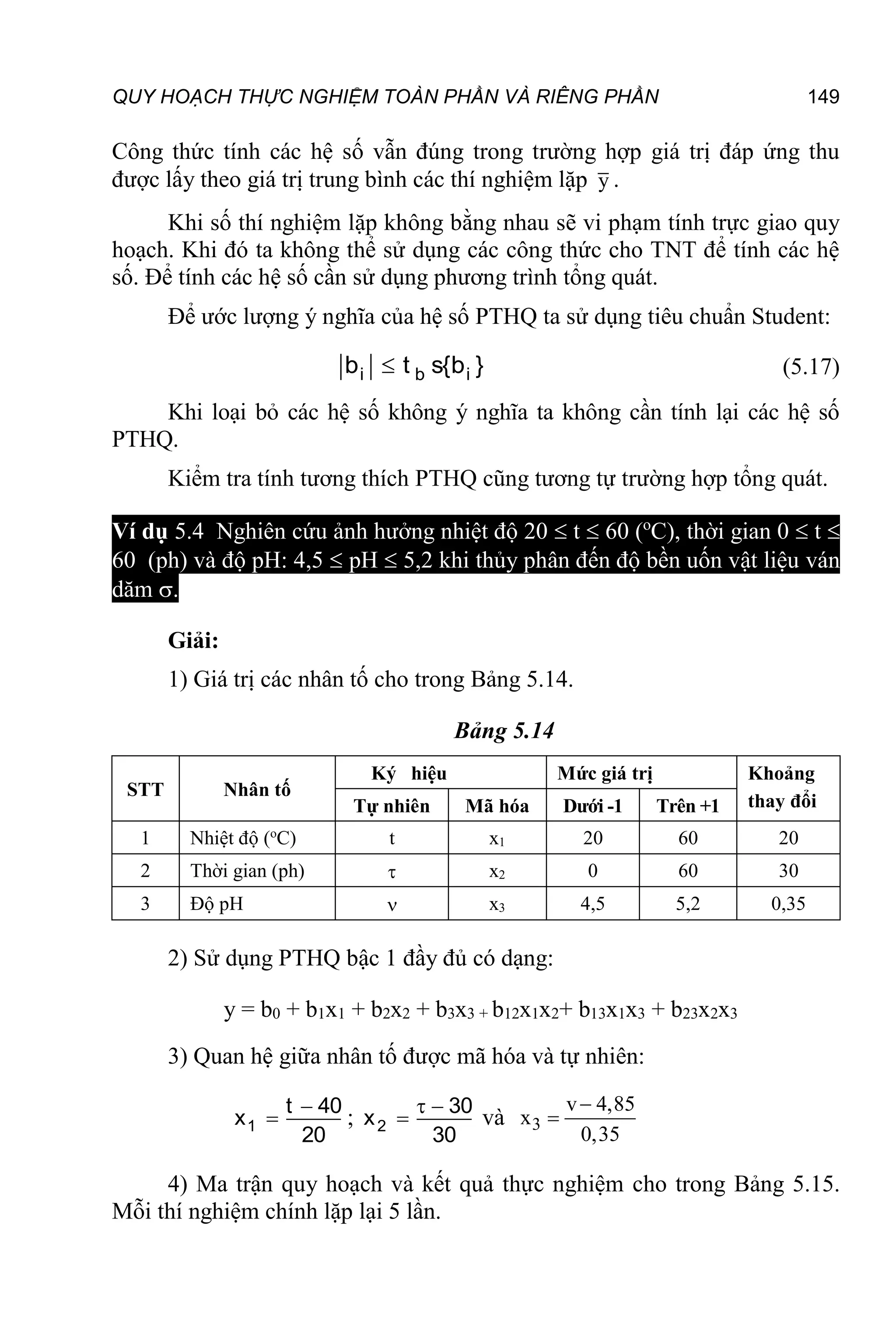 QUY HOẠCH THỰC NGHIỆM TOÀN PHẦN VÀ RIÊNG PHẦN 149
Công thức tính các hệ số vẫn đúng trong trường hợp giá trị đáp ứng thu
được lấy theo giá trị trung bình các thí nghiệm lặp y .
Khi số thí nghiệm lặp không bằng nhau sẽ vi phạm tính trực giao quy
hoạch. Khi đó ta không thể sử dụng các công thức cho TNT để tính các hệ
số. Để tính các hệ số cần sử dụng phương trình tổng quát.
Để ước lượng ý nghĩa của hệ số PTHQ ta sử dụng tiêu chuẩn Student:
}
b
{
s
t
b i
b
i  (5.17)
Khi loại bỏ các hệ số không ý nghĩa ta không cần tính lại các hệ số
PTHQ.
Kiểm tra tính tương thích PTHQ cũng tương tự trường hợp tổng quát.
Ví dụ 5.4 Nghiên cứu ảnh hưởng nhiệt độ 20  t  60 (o
C), thời gian 0  t 
60 (ph) và độ pH: 4,5  pH  5,2 khi thủy phân đến độ bền uốn vật liệu ván
dăm .
Giải:
1) Giá trị các nhân tố cho trong Bảng 5.14.
Bảng 5.14
STT Nhân tố
Ký hiệu Mức giá trị Khoảng
thay đổi
Tự nhiên Mã hóa Dưới -1 Trên +1
1 Nhiệt độ (o
C) t x1 20 60 20
2 Thời gian (ph)  x2 0 60 30
3 Độ pH  x3 4,5 5,2 0,35
2) Sử dụng PTHQ bậc 1 đầy đủ có dạng:
y = b0 + b1x1 + b2x2 + b3x3 + b12x1x2+ b13x1x3 + b23x2x3
3) Quan hệ giữa nhân tố được mã hóa và tự nhiên:
20
40
t
x1

 ;
30
30
x2


 và 3
v 4,85
x
0,35


4) Ma trận quy hoạch và kết quả thực nghiệm cho trong Bảng 5.15.
Mỗi thí nghiệm chính lặp lại 5 lần.
 