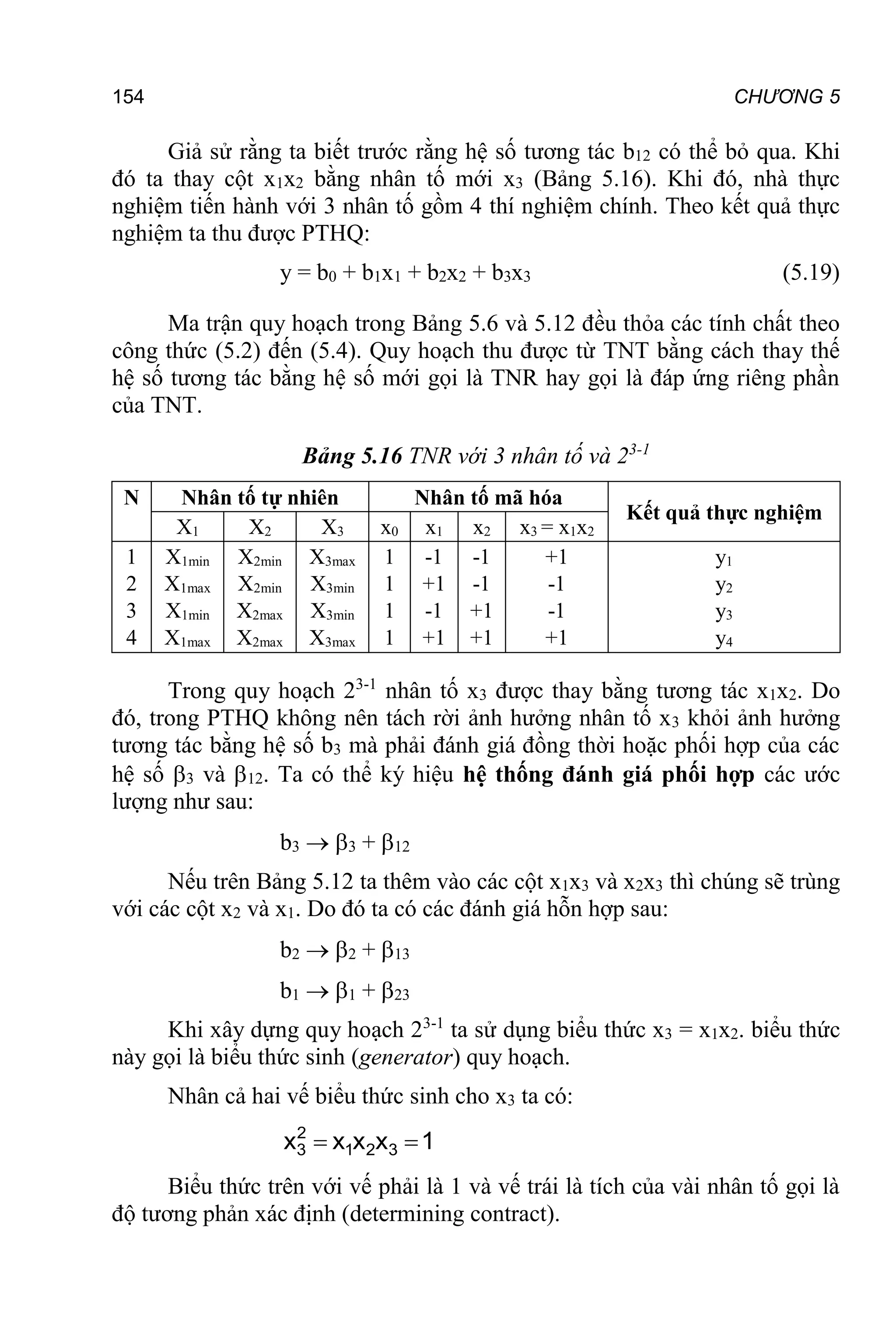 154 CHƯƠNG 5
Giả sử rằng ta biết trước rằng hệ số tương tác b12 có thể bỏ qua. Khi
đó ta thay cột x1x2 bằng nhân tố mới x3 (Bảng 5.16). Khi đó, nhà thực
nghiệm tiến hành với 3 nhân tố gồm 4 thí nghiệm chính. Theo kết quả thực
nghiệm ta thu được PTHQ:
y = b0 + b1x1 + b2x2 + b3x3 (5.19)
Ma trận quy hoạch trong Bảng 5.6 và 5.12 đều thỏa các tính chất theo
công thức (5.2) đến (5.4). Quy hoạch thu được từ TNT bằng cách thay thế
hệ số tương tác bằng hệ số mới gọi là TNR hay gọi là đáp ứng riêng phần
của TNT.
Bảng 5.16 TNR với 3 nhân tố và 23-1
N Nhân tố tự nhiên Nhân tố mã hóa
Kết quả thực nghiệm
X1 X2 X3 x0 x1 x2 x3 = x1x2
1
2
3
4
X1min
X1max
X1min
X1max
X2min
X2min
X2max
X2max
X3max
X3min
X3min
X3max
1
1
1
1
-1
+1
-1
+1
-1
-1
+1
+1
+1
-1
-1
+1
y1
y2
y3
y4
Trong quy hoạch 23-1
nhân tố x3 được thay bằng tương tác x1x2. Do
đó, trong PTHQ không nên tách rời ảnh hưởng nhân tố x3 khỏi ảnh hưởng
tương tác bằng hệ số b3 mà phải đánh giá đồng thời hoặc phối hợp của các
hệ số 3 và 12. Ta có thể ký hiệu hệ thống đánh giá phối hợp các ước
lượng như sau:
b3  3 + 12
Nếu trên Bảng 5.12 ta thêm vào các cột x1x3 và x2x3 thì chúng sẽ trùng
với các cột x2 và x1. Do đó ta có các đánh giá hỗn hợp sau:
b2  2 + 13
b1  1 + 23
Khi xây dựng quy hoạch 23-1
ta sử dụng biểu thức x3 = x1x2. biểu thức
này gọi là biểu thức sinh (generator) quy hoạch.
Nhân cả hai vế biểu thức sinh cho x3 ta có:
1
x
x
x
x 3
2
1
2
3 

Biểu thức trên với vế phải là 1 và vế trái là tích của vài nhân tố gọi là
độ tương phản xác định (determining contract).
 