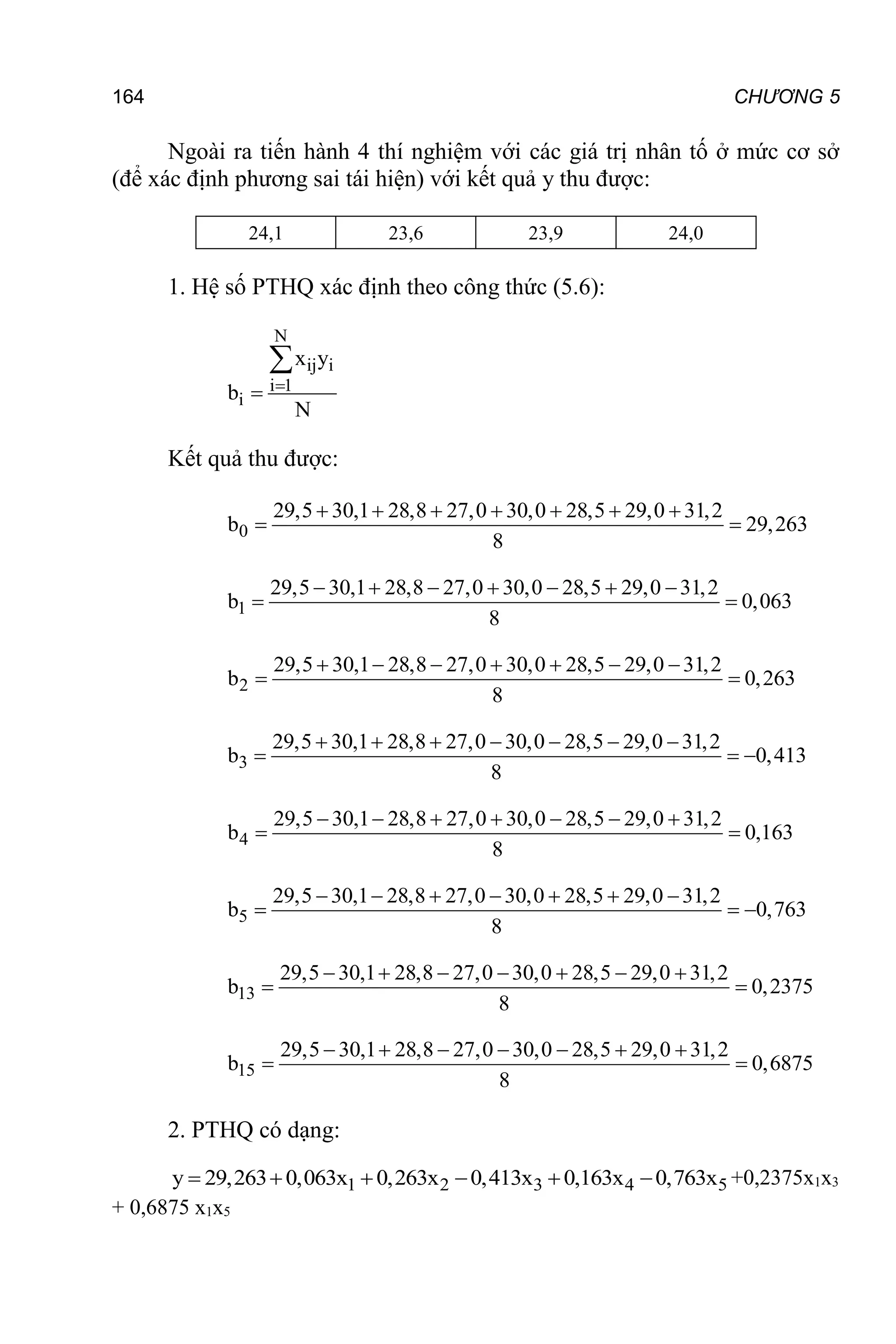 164 CHƯƠNG 5
Ngoài ra tiến hành 4 thí nghiệm với các giá trị nhân tố ở mức cơ sở
(để xác định phương sai tái hiện) với kết quả y thu được:
24,1 23,6 23,9 24,0
1. Hệ số PTHQ xác định theo công thức (5.6):
N
ij i
i 1
i
x y
b
N



Kết quả thu được:
0
29,5 30,1 28,8 27,0 30,0 28,5 29,0 31,2
b 29,263
8
      
 
1
29,5 30,1 28,8 27,0 30,0 28,5 29,0 31,2
b 0,063
8
      
 
2
29,5 30,1 28,8 27,0 30,0 28,5 29,0 31,2
b 0,263
8
      
 
3
29,5 30,1 28,8 27,0 30,0 28,5 29,0 31,2
b 0,413
8
      
  
4
29,5 30,1 28,8 27,0 30,0 28,5 29,0 31,2
b 0,163
8
      
 
5
29,5 30,1 28,8 27,0 30,0 28,5 29,0 31,2
b 0,763
8
      
  
13
29,5 30,1 28,8 27,0 30,0 28,5 29,0 31,2
b 0,2375
8
      
 
15
29,5 30,1 28,8 27,0 30,0 28,5 29,0 31,2
b 0,6875
8
      
 
2. PTHQ có dạng:
1 2 3 4 5
y 29,263 0,063x 0,263x 0,413x 0,163x 0,763x
      +0,2375x1x3
+ 0,6875 x1x5
 