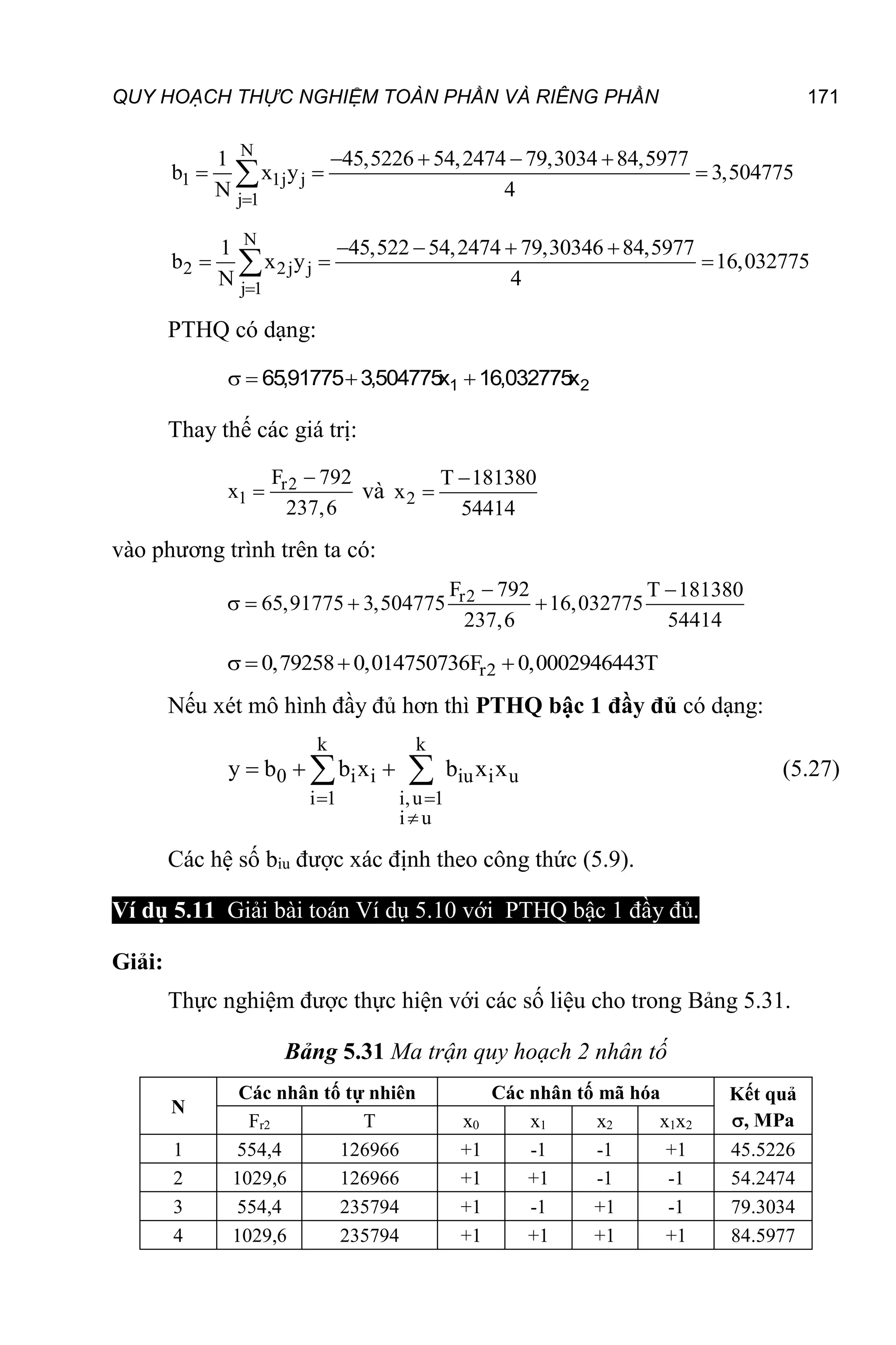 QUY HOẠCH THỰC NGHIỆM TOÀN PHẦN VÀ RIÊNG PHẦN 171
N
1 1j j
j 1
1 45,5226 54,2474 79,3034 84,5977
b x y 3,504775
N 4

   
  

N
2 2j j
j 1
1 45,522 54,2474 79,30346 84,5977
b x y 16,032775
N 4

   
  

PTHQ có dạng:
2
1 x
032775
,
16
x
504775
,
3
91775
,
65 



Thay thế các giá trị:
r2
1
F 792
x
237,6

 và 2
T 181380
x
54414


vào phương trình trên ta có:
r2
F 792 T 181380
65,91775 3,504775 16,032775
237,6 54414
 
   
r2
0,79258 0,014750736F 0,0002946443T
   
Nếu xét mô hình đầy đủ hơn thì PTHQ bậc 1 đầy đủ có dạng:
k k
0 i i iu i u
i 1 i,u 1
i u
y b b x b x x
 

  
  (5.27)
Các hệ số biu được xác định theo công thức (5.9).
Ví dụ 5.11 Giải bài toán Ví dụ 5.10 với PTHQ bậc 1 đầy đủ.
Giải:
Thực nghiệm được thực hiện với các số liệu cho trong Bảng 5.31.
Bảng 5.31 Ma trận quy hoạch 2 nhân tố
N
Các nhân tố tự nhiên Các nhân tố mã hóa Kết quả
, MPa
Fr2 T x0 x1 x2 x1x2
1 554,4 126966 +1 -1 -1 +1 45.5226
2 1029,6 126966 +1 +1 -1 -1 54.2474
3 554,4 235794 +1 -1 +1 -1 79.3034
4 1029,6 235794 +1 +1 +1 +1 84.5977
 