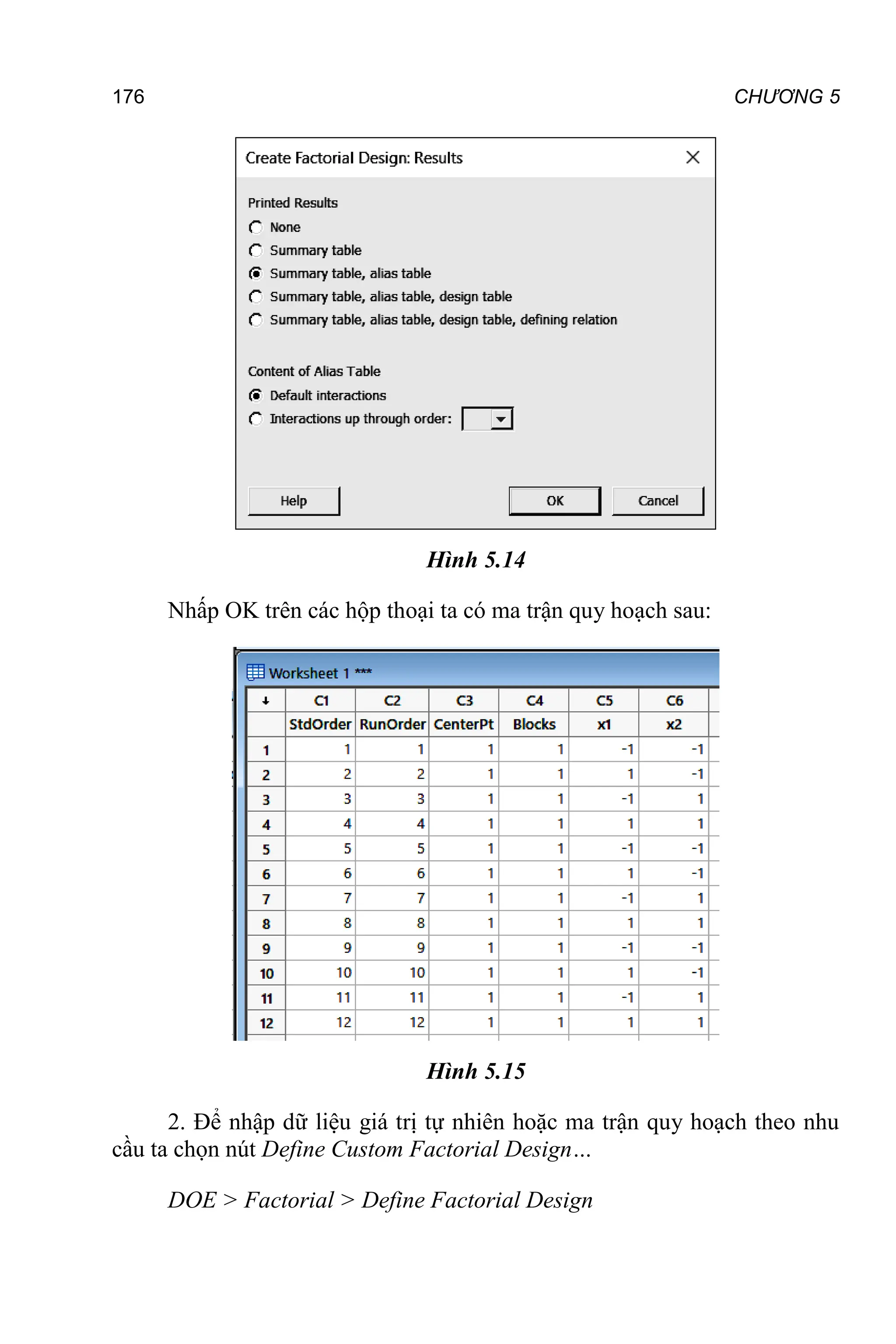 176 CHƯƠNG 5
Hình 5.14
Nhấp OK trên các hộp thoại ta có ma trận quy hoạch sau:
Hình 5.15
2. Để nhập dữ liệu giá trị tự nhiên hoặc ma trận quy hoạch theo nhu
cầu ta chọn nút Define Custom Factorial Design…
DOE > Factorial > Define Factorial Design
 