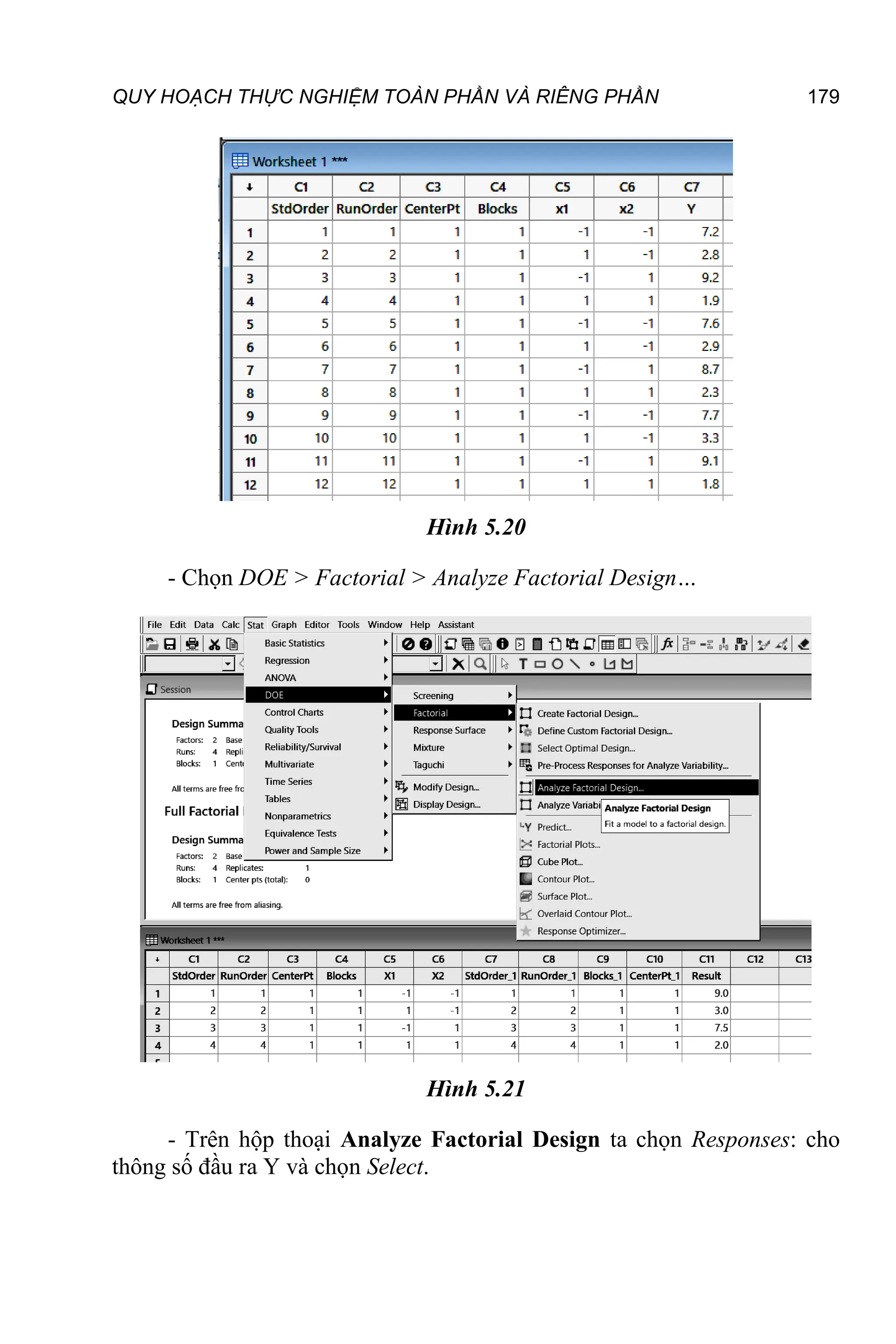 QUY HOẠCH THỰC NGHIỆM TOÀN PHẦN VÀ RIÊNG PHẦN 179
Hình 5.20
- Chọn DOE > Factorial > Analyze Factorial Design…
Hình 5.21
- Trên hộp thoại Analyze Factorial Design ta chọn Responses: cho
thông số đầu ra Y và chọn Select.
 