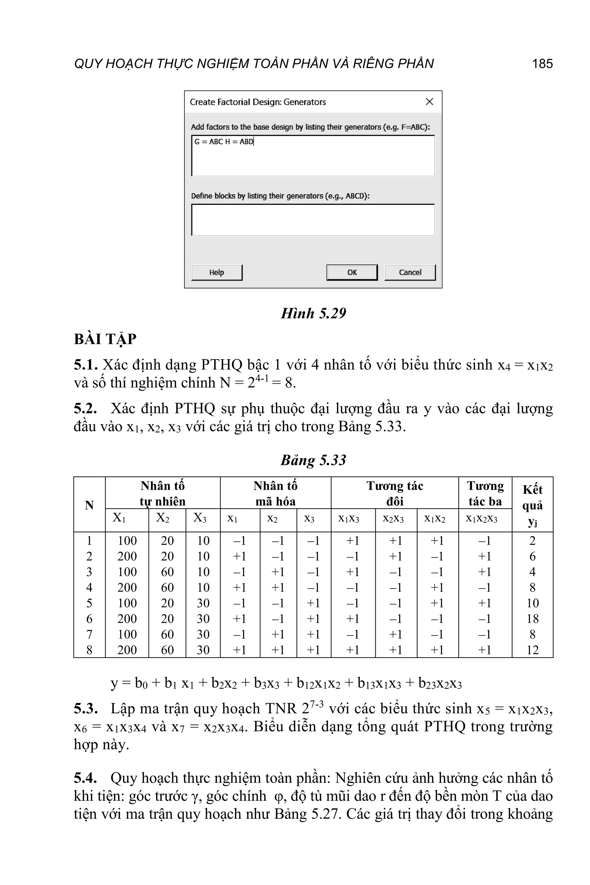 QUY HOẠCH THỰC NGHIỆM TOÀN PHẦN VÀ RIÊNG PHẦN 185
Hình 5.29
BÀI TẬP
5.1. Xác định dạng PTHQ bậc 1 với 4 nhân tố với biểu thức sinh x4 = x1x2
và số thí nghiệm chính N = 24-1
= 8.
5.2. Xác định PTHQ sự phụ thuộc đại lượng đầu ra y vào các đại lượng
đầu vào x1, x2, x3 với các giá trị cho trong Bảng 5.33.
Bảng 5.33
N
Nhân tố
tự nhiên
Nhân tố
mã hóa
Tương tác
đôi
Tương
tác ba
Kết
quả
yj
X1 X2 X3 x1 x2 x3 x1x3 x2x3 x1x2 x1x2x3
1
2
3
4
5
6
7
8
100
200
100
200
100
200
100
200
20
20
60
60
20
20
60
60
10
10
10
10
30
30
30
30
–1
+1
–1
+1
–1
+1
–1
+1
–1
–1
+1
+1
–1
–1
+1
+1
–1
–1
–1
–1
+1
+1
+1
+1
+1
–1
+1
–1
–1
+1
–1
+1
+1
+1
–1
–1
–1
–1
+1
+1
+1
–1
–1
+1
+1
–1
–1
+1
–1
+1
+1
–1
+1
–1
–1
+1
2
6
4
8
10
18
8
12
y = b0 + b1 x1 + b2x2 + b3x3 + b12x1x2 + b13x1x3 + b23x2x3
5.3. Lập ma trận quy hoạch TNR 27-3
với các biểu thức sinh x5 = x1x2x3,
x6 = x1x3x4 và x7 = x2x3x4. Biểu diễn dạng tổng quát PTHQ trong trường
hợp này.
5.4. Quy hoạch thực nghiệm toàn phần: Nghiên cứu ảnh hưởng các nhân tố
khi tiện: góc trước γ, góc chính φ, độ tù mũi dao r đến độ bền mòn T của dao
tiện với ma trận quy hoạch như Bảng 5.27. Các giá trị thay đổi trong khoảng
 