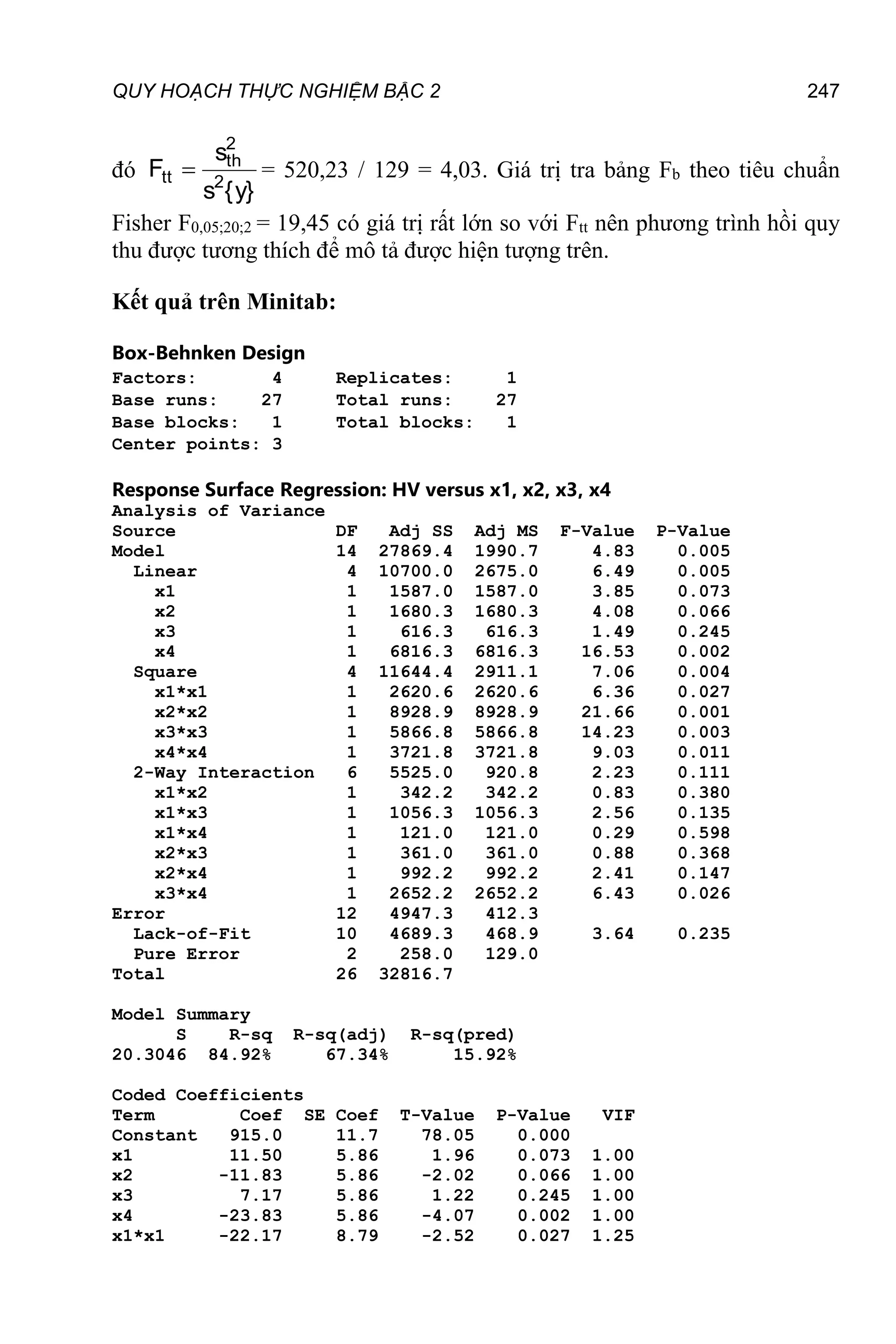QUY HOẠCH THỰC NGHIỆM BẬC 2 247
đó
}
y
{
s
s
F 2
2
th
tt  = 520,23 / 129 = 4,03. Giá trị tra bảng Fb theo tiêu chuẩn
Fisher F0,05;20;2 = 19,45 có giá trị rất lớn so với Ftt nên phương trình hồi quy
thu được tương thích để mô tả được hiện tượng trên.
Kết quả trên Minitab:
Box-Behnken Design
Factors: 4 Replicates: 1
Base runs: 27 Total runs: 27
Base blocks: 1 Total blocks: 1
Center points: 3
Response Surface Regression: HV versus x1, x2, x3, x4
Analysis of Variance
Source DF Adj SS Adj MS F-Value P-Value
Model 14 27869.4 1990.7 4.83 0.005
Linear 4 10700.0 2675.0 6.49 0.005
x1 1 1587.0 1587.0 3.85 0.073
x2 1 1680.3 1680.3 4.08 0.066
x3 1 616.3 616.3 1.49 0.245
x4 1 6816.3 6816.3 16.53 0.002
Square 4 11644.4 2911.1 7.06 0.004
x1*x1 1 2620.6 2620.6 6.36 0.027
x2*x2 1 8928.9 8928.9 21.66 0.001
x3*x3 1 5866.8 5866.8 14.23 0.003
x4*x4 1 3721.8 3721.8 9.03 0.011
2-Way Interaction 6 5525.0 920.8 2.23 0.111
x1*x2 1 342.2 342.2 0.83 0.380
x1*x3 1 1056.3 1056.3 2.56 0.135
x1*x4 1 121.0 121.0 0.29 0.598
x2*x3 1 361.0 361.0 0.88 0.368
x2*x4 1 992.2 992.2 2.41 0.147
x3*x4 1 2652.2 2652.2 6.43 0.026
Error 12 4947.3 412.3
Lack-of-Fit 10 4689.3 468.9 3.64 0.235
Pure Error 2 258.0 129.0
Total 26 32816.7
Model Summary
S R-sq R-sq(adj) R-sq(pred)
20.3046 84.92% 67.34% 15.92%
Coded Coefficients
Term Coef SE Coef T-Value P-Value VIF
Constant 915.0 11.7 78.05 0.000
x1 11.50 5.86 1.96 0.073 1.00
x2 -11.83 5.86 -2.02 0.066 1.00
x3 7.17 5.86 1.22 0.245 1.00
x4 -23.83 5.86 -4.07 0.002 1.00
x1*x1 -22.17 8.79 -2.52 0.027 1.25
 