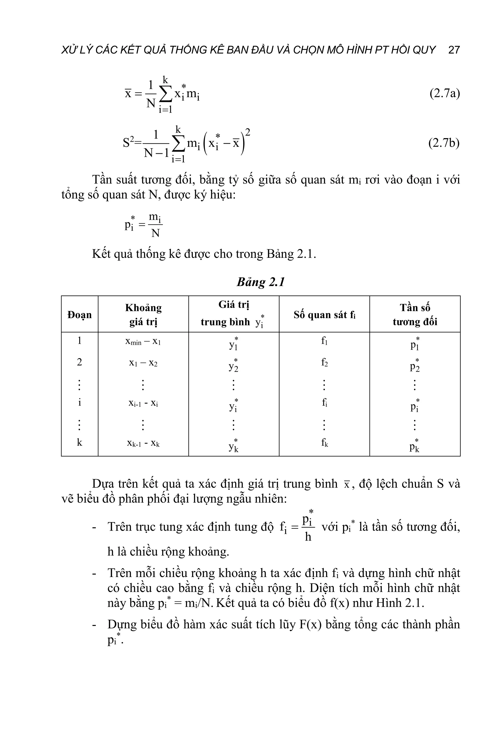 XỬ LÝ CÁC KẾT QUẢ THỐNG KÊ BAN ĐẦU VÀ CHỌN MÔ HÌNH PT HỒI QUY 27
k
*
i i
i 1
1
x x m
N 
  (2.7a)
S2
=  
k 2
2 *
i i
i 1
1
s m x x
N 1 
 

 (2.7b)
Tần suất tương đối, bằng tỷ số giữa số quan sát mi rơi vào đoạn i với
tổng số quan sát N, được ký hiệu:
* i
i
m
p
N

Kết quả thống kê được cho trong Bảng 2.1.
Bảng 2.1
Đoạn
Khoảng
giá trị
Giá trị
trung bình *
i
y
Số quan sát fi
Tần số
tương đối
1 xmin – x1 *
1
y f1 *
1
p
2 x1 – x2 *
2
y f2 *
2
p
    
i xi-1 - xi *
i
y fi *
i
p
    
k xk-1 - xk *
k
y fk *
k
p
Dựa trên kết quả ta xác định giá trị trung bình x , độ lệch chuẩn S và
vẽ biểu đồ phân phối đại lượng ngẫu nhiên:
- Trên trục tung xác định tung độ
*
i
i
p
f
h
 với pi
*
là tần số tương đối,
h là chiều rộng khoảng.
- Trên mỗi chiều rộng khoảng h ta xác định fi và dựng hình chữ nhật
có chiều cao bằng fi và chiều rộng h. Diện tích mỗi hình chữ nhật
này bằng pi
*
= mi/N. Kết quả ta có biểu đồ f(x) như Hình 2.1.
- Dựng biểu đồ hàm xác suất tích lũy F(x) bằng tổng các thành phần
pi
*
.
 