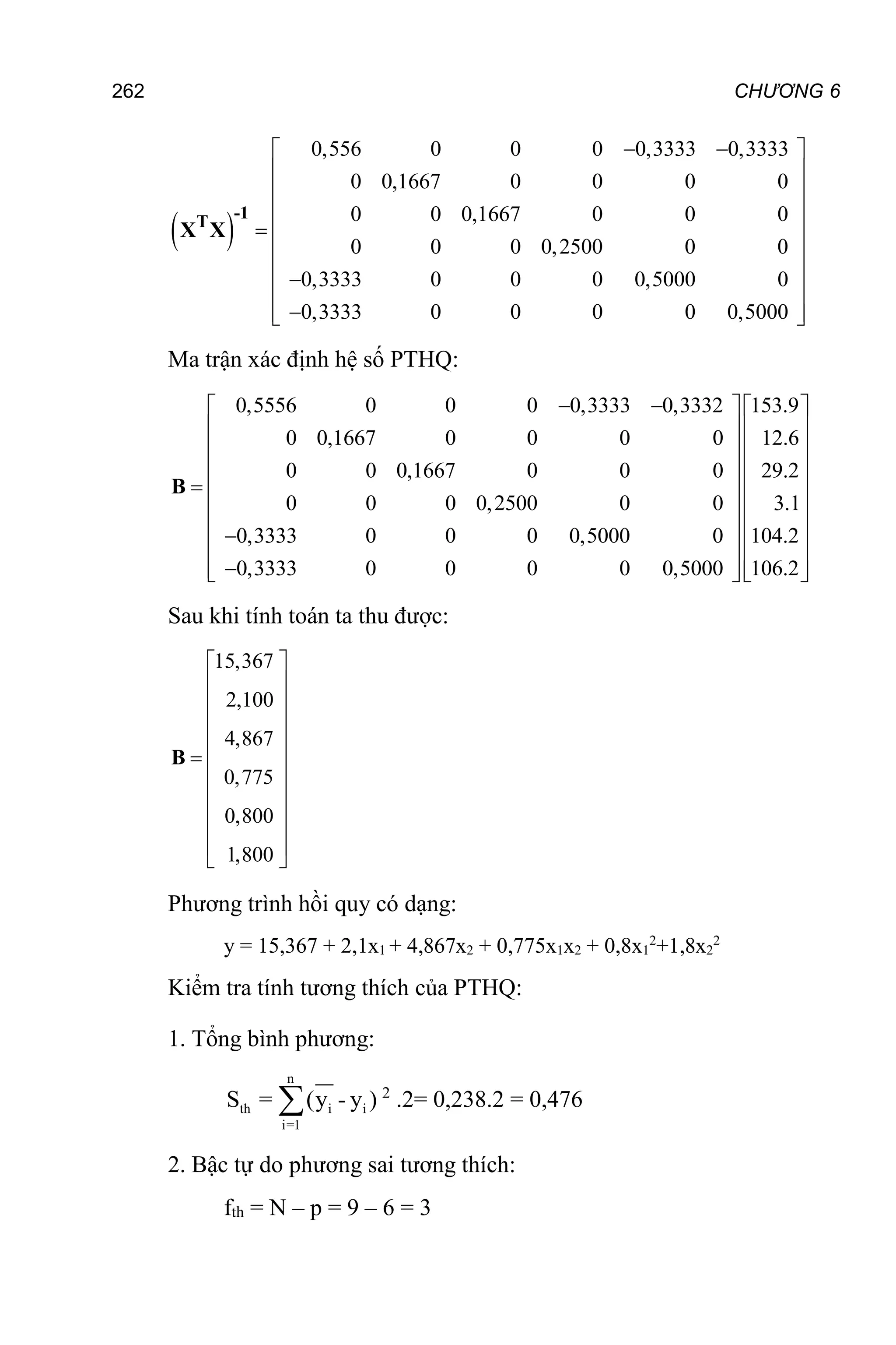 262 CHƯƠNG 6
 
0,556 0 0 0 0,3333 0,3333
0 0,1667 0 0 0 0
0 0 0,1667 0 0 0
0 0 0 0,2500 0 0
0,3333 0 0 0 0,5000 0
0,3333 0 0 0 0 0,5000
 
 
 
 
 
  
 
 

 

 
 
-1
T
X X
Ma trận xác định hệ số PTHQ:
0,5556 0 0 0 0,3333 0,3332 153.9
0 0,1667 0 0 0 0 12.6
0 0 0,1667 0 0 0 29.2
0 0 0 0,2500 0 0 3.1
0,3333 0 0 0 0,5000 0 104.2
0,3333 0 0 0 0 0,5000 106.2
 
   
   
   
   
    
   
   

   

   
   
B
Sau khi tính toán ta thu được:
15,367
2,100
4,867
0,775
0,800
1,800
 
 
 
 
 
  
 
 
 
 
 
B
Phương trình hồi quy có dạng:
y = 15,367 + 2,1x1 + 4,867x2 + 0,775x1x2 + 0,8x1
2
+1,8x2
2
Kiểm tra tính tương thích của PTHQ:
1. Tổng bình phương:
n
th i i
i=1
S = (y - y )
 2
.2= 0,238.2 = 0,476
2. Bậc tự do phương sai tương thích:
fth = N – p = 9 – 6 = 3
 