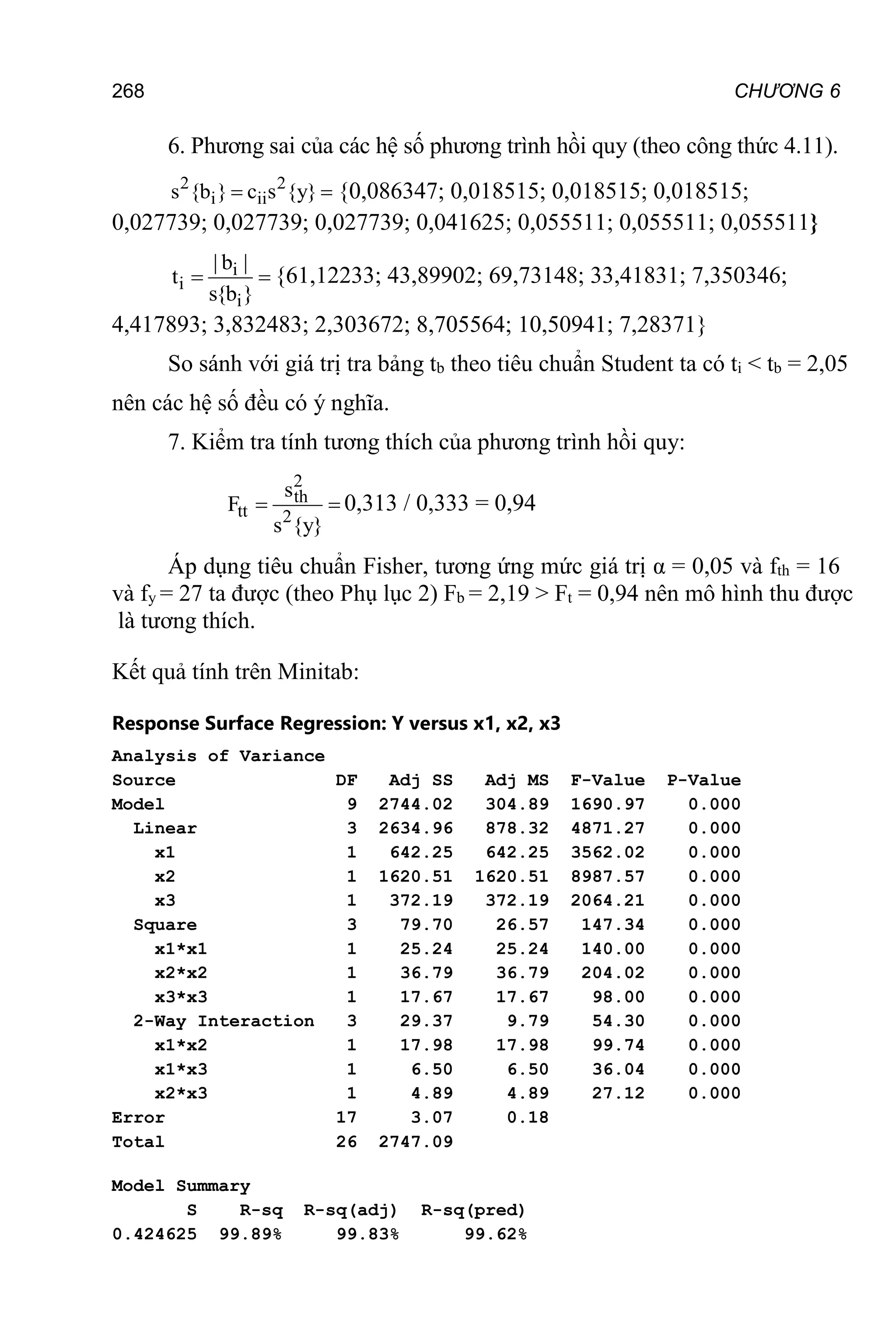 268 CHƯƠNG 6
6. Phương sai của các hệ số phương trình hồi quy (theo công thức 4.11).
2 2
i ii
s {b } c s {y}
  {0,086347; 0,018515; 0,018515; 0,018515;
0,027739; 0,027739; 0,027739; 0,041625; 0,055511; 0,055511; 0,055511}
i
i
i
| b |
t
s{b }
  {61,12233; 43,89902; 69,73148; 33,41831; 7,350346;
4,417893; 3,832483; 2,303672; 8,705564; 10,50941; 7,28371}
So sánh với giá trị tra bảng tb theo tiêu chuẩn Student ta có ti < tb = 2,05
nên các hệ số đều có ý nghĩa.
7. Kiểm tra tính tương thích của phương trình hồi quy:
2
th
tt 2
s
F
s {y}
  0,313 / 0,333 = 0,94
Áp dụng tiêu chuẩn Fisher, tương ứng mức giá trị α = 0,05 và fth = 16
và fy = 27 ta được (theo Phụ lục 2) Fb = 2,19 > Ft = 0,94 nên mô hình thu được
là tương thích.
Kết quả tính trên Minitab:
Response Surface Regression: Y versus x1, x2, x3
Analysis of Variance
Source DF Adj SS Adj MS F-Value P-Value
Model 9 2744.02 304.89 1690.97 0.000
Linear 3 2634.96 878.32 4871.27 0.000
x1 1 642.25 642.25 3562.02 0.000
x2 1 1620.51 1620.51 8987.57 0.000
x3 1 372.19 372.19 2064.21 0.000
Square 3 79.70 26.57 147.34 0.000
x1*x1 1 25.24 25.24 140.00 0.000
x2*x2 1 36.79 36.79 204.02 0.000
x3*x3 1 17.67 17.67 98.00 0.000
2-Way Interaction 3 29.37 9.79 54.30 0.000
x1*x2 1 17.98 17.98 99.74 0.000
x1*x3 1 6.50 6.50 36.04 0.000
x2*x3 1 4.89 4.89 27.12 0.000
Error 17 3.07 0.18
Total 26 2747.09
Model Summary
S R-sq R-sq(adj) R-sq(pred)
0.424625 99.89% 99.83% 99.62%
 
