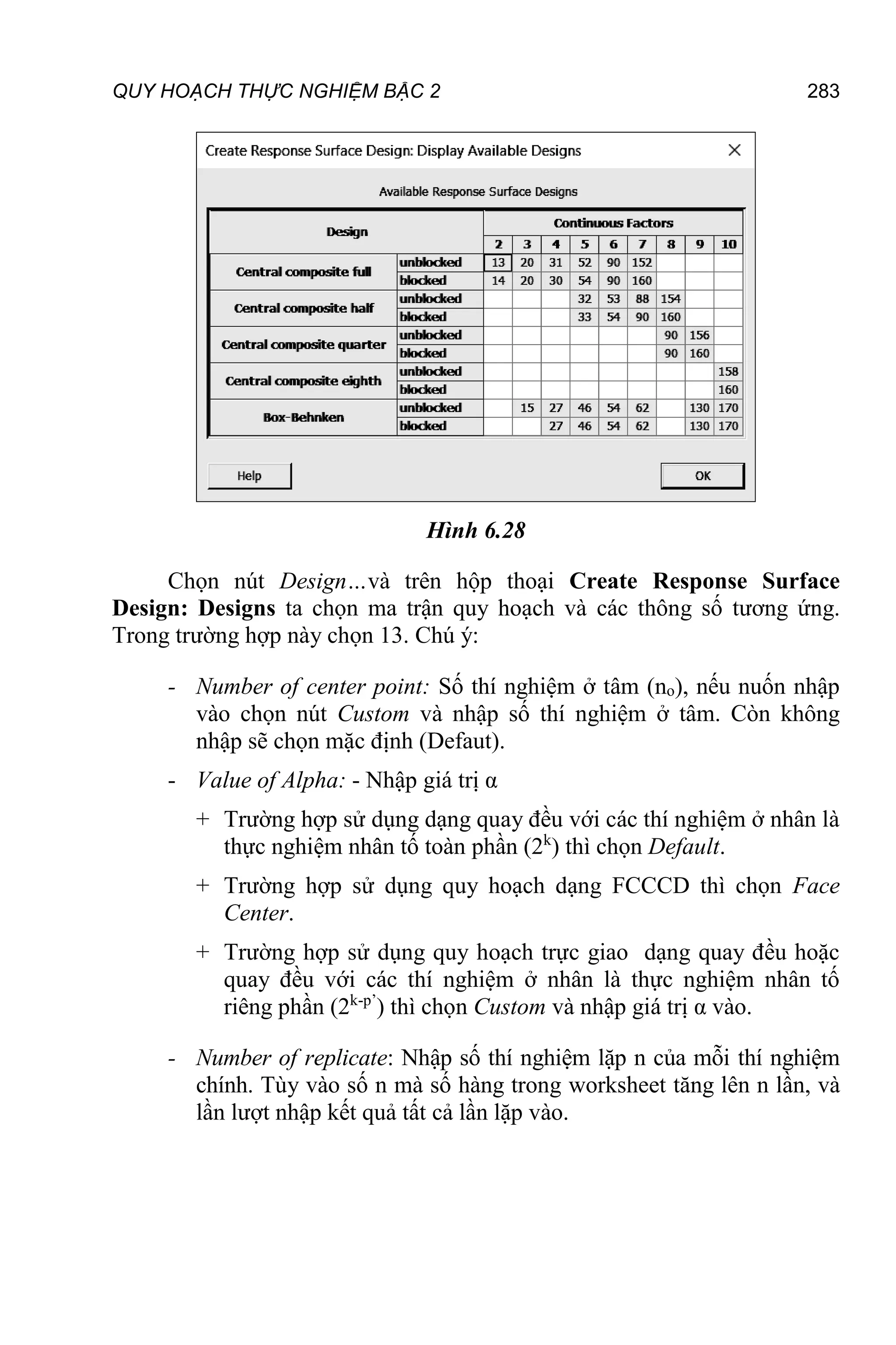 QUY HOẠCH THỰC NGHIỆM BẬC 2 283
Hình 6.28
Chọn nút Design…và trên hộp thoại Create Response Surface
Design: Designs ta chọn ma trận quy hoạch và các thông số tương ứng.
Trong trường hợp này chọn 13. Chú ý:
- Number of center point: Số thí nghiệm ở tâm (no), nếu nuốn nhập
vào chọn nút Custom và nhập số thí nghiệm ở tâm. Còn không
nhập sẽ chọn mặc định (Defaut).
- Value of Alpha: - Nhập giá trị α
+ Trường hợp sử dụng dạng quay đều với các thí nghiệm ở nhân là
thực nghiệm nhân tố toàn phần (2k
) thì chọn Default.
+ Trường hợp sử dụng quy hoạch dạng FCCCD thì chọn Face
Center.
+ Trường hợp sử dụng quy hoạch trực giao dạng quay đều hoặc
quay đều với các thí nghiệm ở nhân là thực nghiệm nhân tố
riêng phần (2k-p’
) thì chọn Custom và nhập giá trị α vào.
- Number of replicate: Nhập số thí nghiệm lặp n của mỗi thí nghiệm
chính. Tùy vào số n mà số hàng trong worksheet tăng lên n lần, và
lần lượt nhập kết quả tất cả lần lặp vào.
 