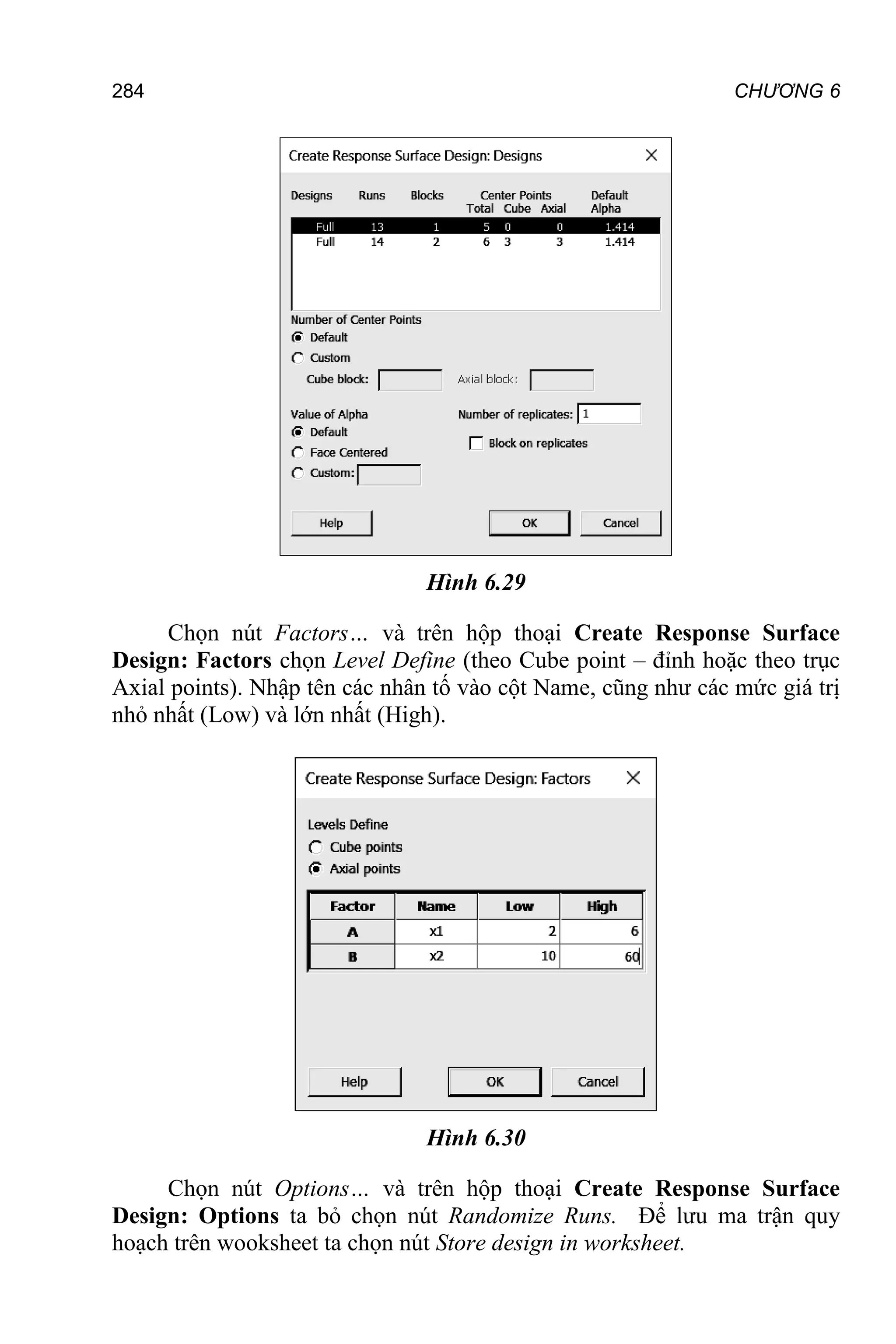 284 CHƯƠNG 6
Hình 6.29
Chọn nút Factors… và trên hộp thoại Create Response Surface
Design: Factors chọn Level Define (theo Cube point – đỉnh hoặc theo trục
Axial points). Nhập tên các nhân tố vào cột Name, cũng như các mức giá trị
nhỏ nhất (Low) và lớn nhất (High).
Hình 6.30
Chọn nút Options… và trên hộp thoại Create Response Surface
Design: Options ta bỏ chọn nút Randomize Runs. Để lưu ma trận quy
hoạch trên wooksheet ta chọn nút Store design in worksheet.
 