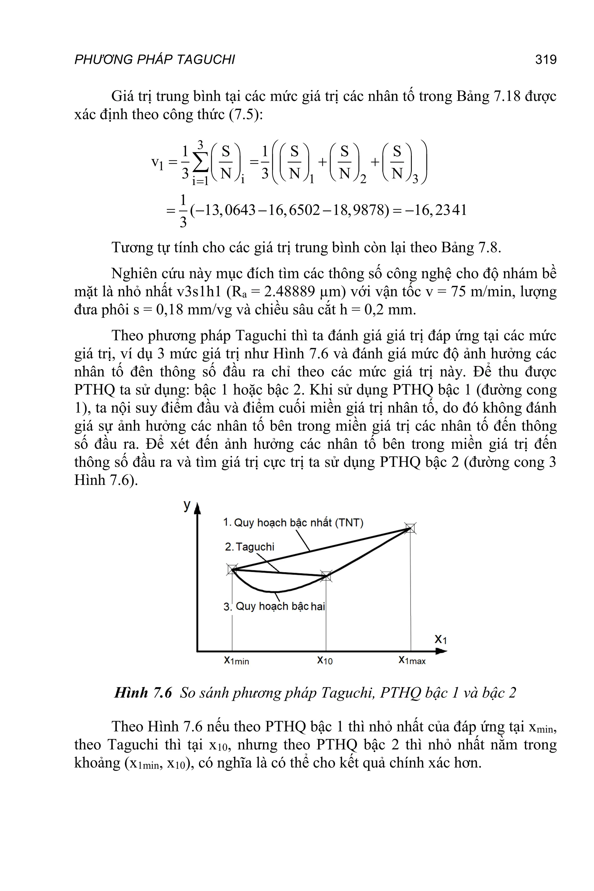 PHƯƠNG PHÁP TAGUCHI 319
Giá trị trung bình tại các mức giá trị các nhân tố trong Bảng 7.18 được
xác định theo công thức (7.5):
3
1
i 1 2 3
i 1
1 S 1 S S S
v
3 N 3 N N N
13,0643 16,6
1
( 502 18,9878) 16,234
3
1

 
       
   
 
       
       
    
 


Tương tự tính cho các giá trị trung bình còn lại theo Bảng 7.8.
Nghiên cứu này mục đích tìm các thông số công nghệ cho độ nhám bề
mặt là nhỏ nhất v3s1h1 (Ra = 2.48889 µm) với vận tốc v = 75 m/min, lượng
đưa phôi s = 0,18 mm/vg và chiều sâu cắt h = 0,2 mm.
Theo phương pháp Taguchi thì ta đánh giá giá trị đáp ứng tại các mức
giá trị, ví dụ 3 mức giá trị như Hình 7.6 và đánh giá mức độ ảnh hưởng các
nhân tố đên thông số đầu ra chỉ theo các mức giá trị này. Để thu được
PTHQ ta sử dụng: bậc 1 hoặc bậc 2. Khi sử dụng PTHQ bậc 1 (đường cong
1), ta nội suy điểm đầu và điểm cuối miền giá trị nhân tố, do đó không đánh
giá sự ảnh hưởng các nhân tố bên trong miền giá trị các nhân tố đến thông
số đầu ra. Để xét đến ảnh hưởng các nhân tố bên trong miền giá trị đến
thông số đầu ra và tìm giá trị cực trị ta sử dụng PTHQ bậc 2 (đường cong 3
Hình 7.6).
Hình 7.6 So sánh phương pháp Taguchi, PTHQ bậc 1 và bậc 2
Theo Hình 7.6 nếu theo PTHQ bậc 1 thì nhỏ nhất của đáp ứng tại xmin,
theo Taguchi thì tại x10, nhưng theo PTHQ bậc 2 thì nhỏ nhất nằm trong
khoảng (x1min, x10), có nghĩa là có thể cho kết quả chính xác hơn.
 