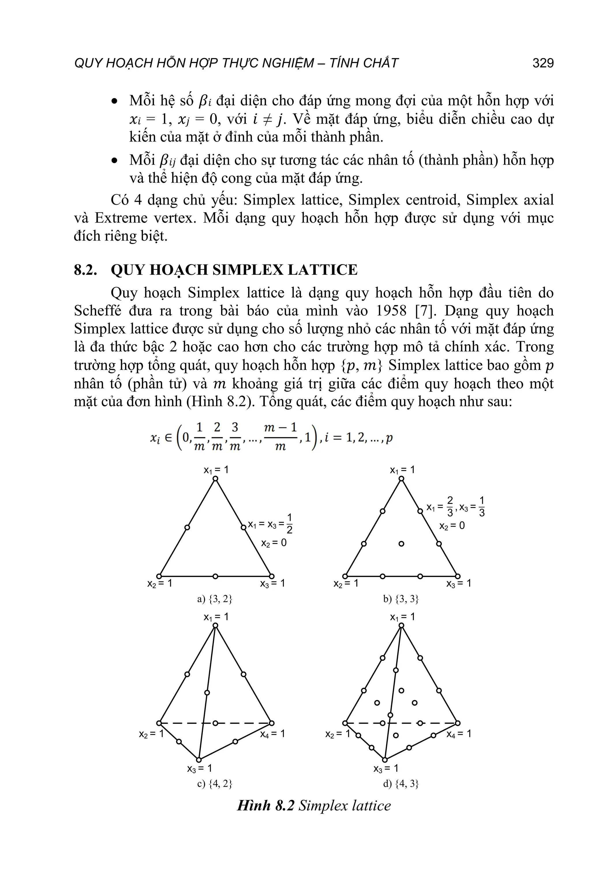 QUY HOẠCH HỖN HỢP THỰC NGHIỆM – TÍNH CHẤT 329
 Mỗi hệ số 𝛽𝑖 đại diện cho đáp ứng mong đợi của một hỗn hợp với
𝑥𝑖 = 1, 𝑥𝑗 = 0, với 𝑖 ≠ 𝑗. Về mặt đáp ứng, biểu diễn chiều cao dự
kiến của mặt ở đỉnh của mỗi thành phần.
 Mỗi 𝛽𝑖𝑗 đại diện cho sự tương tác các nhân tố (thành phần) hỗn hợp
và thể hiện độ cong của mặt đáp ứng.
Có 4 dạng chủ yếu: Simplex lattice, Simplex centroid, Simplex axial
và Extreme vertex. Mỗi dạng quy hoạch hỗn hợp được sử dụng với mục
đích riêng biệt.
8.2. QUY HOẠCH SIMPLEX LATTICE
Quy hoạch Simplex lattice là dạng quy hoạch hỗn hợp đầu tiên do
Scheffé đưa ra trong bài báo của mình vào 1958 [7]. Dạng quy hoạch
Simplex lattice được sử dụng cho số lượng nhỏ các nhân tố với mặt đáp ứng
là đa thức bậc 2 hoặc cao hơn cho các trường hợp mô tả chính xác. Trong
trường hợp tổng quát, quy hoạch hỗn hợp {𝑝, 𝑚} Simplex lattice bao gồm 𝑝
nhân tố (phần tử) và 𝑚 khoảng giá trị giữa các điểm quy hoạch theo một
mặt của đơn hình (Hình 8.2). Tổng quát, các điểm quy hoạch như sau:
x1 = 1
x2 = 1 x3 = 1
x1 = x3 =
1
2
x2 = 0
x1 = 1
x2 = 1 x3 = 1
x2 = 0
x1 = ,
2
3
x3 =
1
3
a) {3, 2} b) {3, 3}
x1 = 1
x2 = 1 x4 = 1
x3 = 1
x1 = 1
x2 = 1 x4 = 1
x3 = 1
c) {4, 2} d) {4, 3}
Hình 8.2 Simplex lattice
 