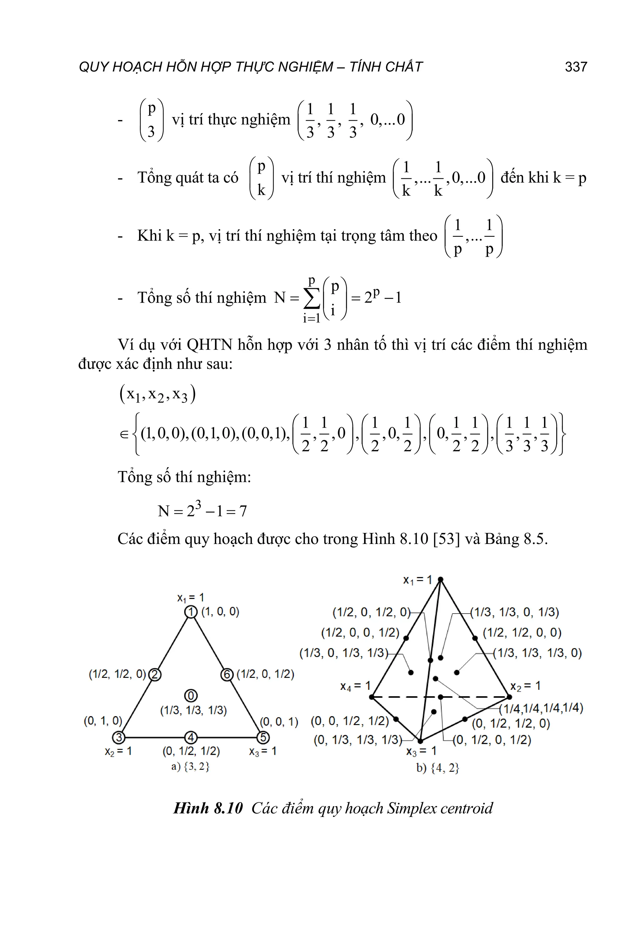 QUY HOẠCH HỖN HỢP THỰC NGHIỆM – TÍNH CHẤT 337
-
p
3
 
 
 
vị trí thực nghiệm
1 1 1
, , , 0,...0
3 3 3
 
 
 
- Tổng quát ta có
p
k
 
 
 
vị trí thí nghiệm
1 1
,... ,0,...0
k k
 
 
 
đến khi k = p
- Khi k = p, vị trí thí nghiệm tại trọng tâm theo
1 1
,...
p p
 
 
 
- Tổng số thí nghiệm
p
p
i 1
p
N 2 1
i

 
  
 
 

Ví dụ với QHTN hỗn hợp với 3 nhân tố thì vị trí các điểm thí nghiệm
được xác định như sau:
 
1 2 3
x ,x ,x
1 1 1 1 1 1 1 1 1
(1,0,0),(0,1,0),(0,0,1), , ,0 , ,0, , 0, , , , ,
2 2 2 2 2 2 3 3 3
 
       
 
       
       
 
Tổng số thí nghiệm:
3
N 2 1 7
  
Các điểm quy hoạch được cho trong Hình 8.10 [53] và Bảng 8.5.
Hình 8.10 Các điểm quy hoạch Simplex centroid
 