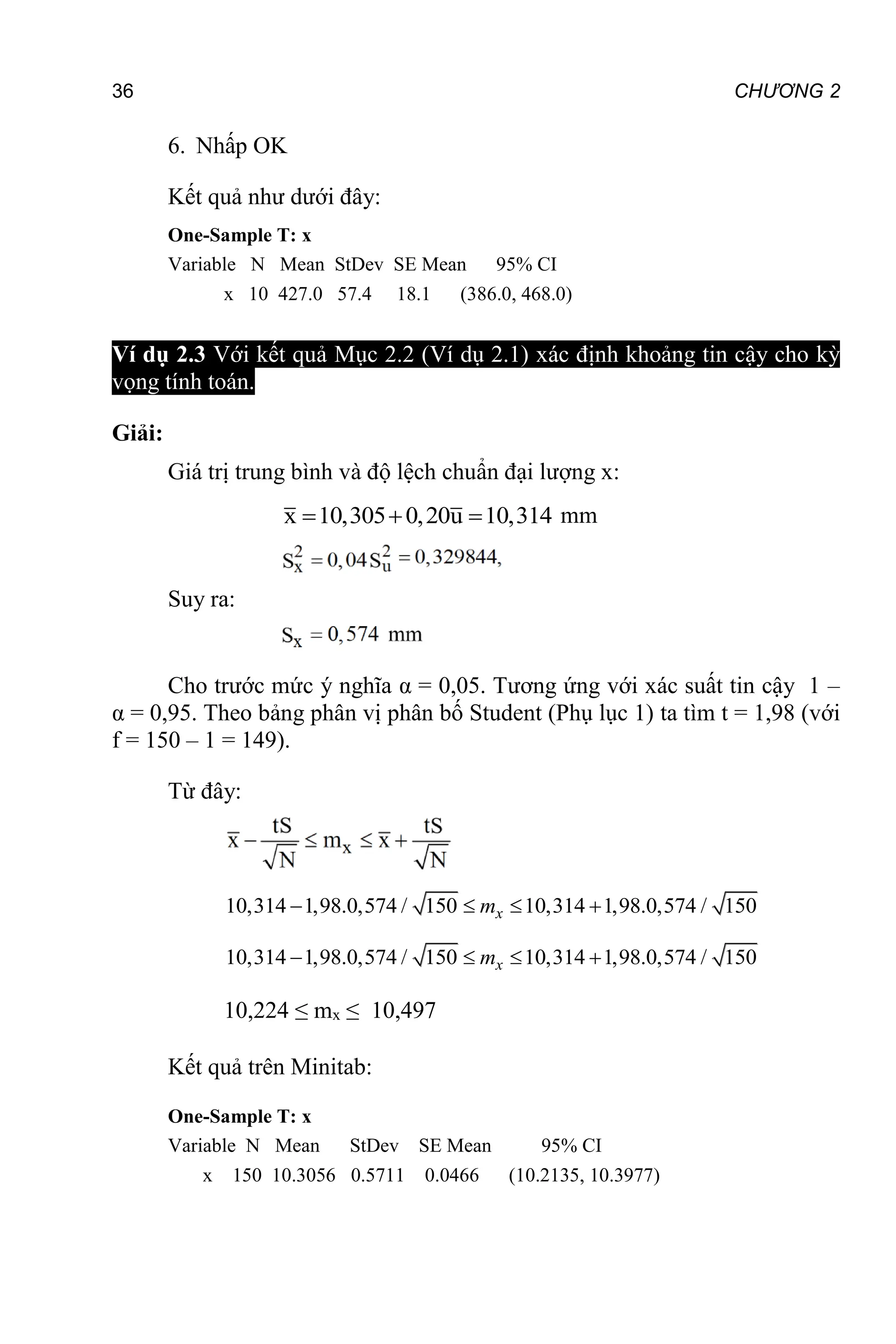 36 CHƯƠNG 2
6. Nhấp OK
Kết quả như dưới đây:
One-Sample T: x
Variable N Mean StDev SE Mean 95% CI
x 10 427.0 57.4 18.1 (386.0, 468.0)
Ví dụ 2.3 Với kết quả Mục 2.2 (Ví dụ 2.1) xác định khoảng tin cậy cho kỳ
vọng tính toán.
Giải:
Giá trị trung bình và độ lệch chuẩn đại lượng x:
x 10,305 0,20u 10,314
   mm
Suy ra:
Cho trước mức ý nghĩa α = 0,05. Tương ứng với xác suất tin cậy 1 –
α = 0,95. Theo bảng phân vị phân bố Student (Phụ lục 1) ta tìm t = 1,98 (với
f = 150 – 1 = 149).
Từ đây:
150 15
10,314 1,98.0,574 / 10,314 1,98.0,574 0
/
x
m 
 

150 15
10,314 1,98.0,574 / 10,314 1,98.0,574 0
/
x
m 
 

10,224 ≤ mx ≤ 10,497
Kết quả trên Minitab:
One-Sample T: x
Variable N Mean StDev SE Mean 95% CI
x 150 10.3056 0.5711 0.0466 (10.2135, 10.3977)
 