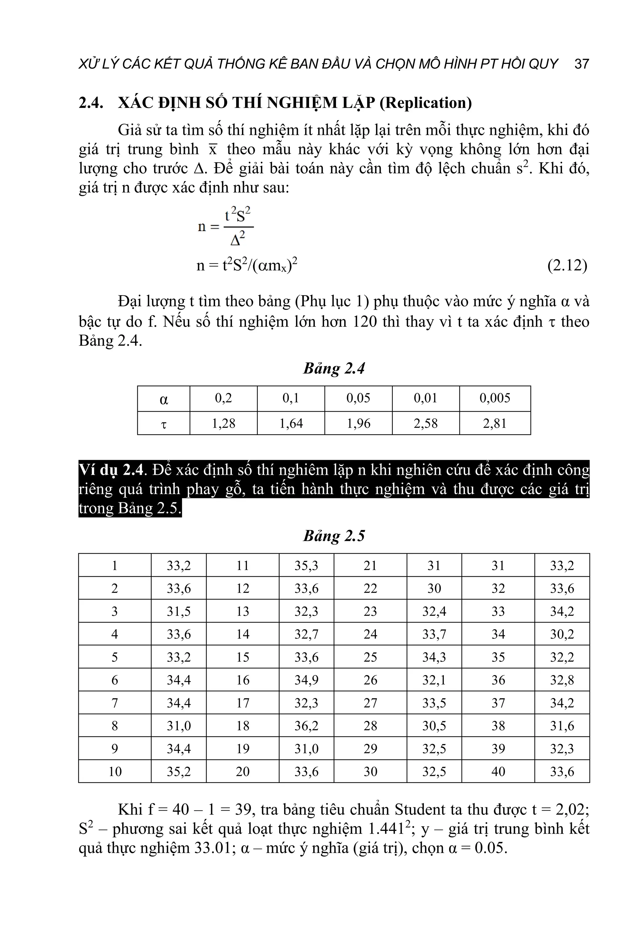 XỬ LÝ CÁC KẾT QUẢ THỐNG KÊ BAN ĐẦU VÀ CHỌN MÔ HÌNH PT HỒI QUY 37
2.4. XÁC ĐỊNH SỐ THÍ NGHIỆM LẶP (Replication)
Giả sử ta tìm số thí nghiệm ít nhất lặp lại trên mỗi thực nghiệm, khi đó
giá trị trung bình x theo mẫu này khác với kỳ vọng không lớn hơn đại
lượng cho trước ∆. Để giải bài toán này cần tìm độ lệch chuẩn s2
. Khi đó,
giá trị n được xác định như sau:
n = t2
S2
/(mx)2
(2.12)
Đại lượng t tìm theo bảng (Phụ lục 1) phụ thuộc vào mức ý nghĩa α và
bậc tự do f. Nếu số thí nghiệm lớn hơn 120 thì thay vì t ta xác định  theo
Bảng 2.4.
Bảng 2.4
α 0,2 0,1 0,05 0,01 0,005
 1,28 1,64 1,96 2,58 2,81
Ví dụ 2.4. Để xác định số thí nghiêm lặp n khi nghiên cứu để xác định công
riêng quá trình phay gỗ, ta tiến hành thực nghiệm và thu được các giá trị
trong Bảng 2.5.
Bảng 2.5
1 33,2 11 35,3 21 31 31 33,2
2 33,6 12 33,6 22 30 32 33,6
3 31,5 13 32,3 23 32,4 33 34,2
4 33,6 14 32,7 24 33,7 34 30,2
5 33,2 15 33,6 25 34,3 35 32,2
6 34,4 16 34,9 26 32,1 36 32,8
7 34,4 17 32,3 27 33,5 37 34,2
8 31,0 18 36,2 28 30,5 38 31,6
9 34,4 19 31,0 29 32,5 39 32,3
10 35,2 20 33,6 30 32,5 40 33,6
Khi f = 40 – 1 = 39, tra bảng tiêu chuẩn Student ta thu được t = 2,02;
S2
– phương sai kết quả loạt thực nghiệm 1.4412
; y – giá trị trung bình kết
quả thực nghiệm 33.01; α – mức ý nghĩa (giá trị), chọn α = 0.05.
 