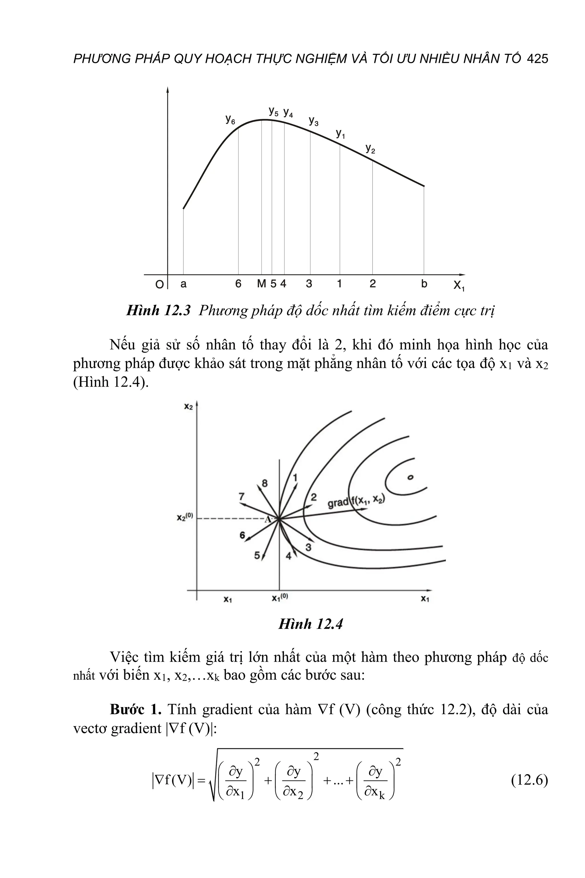 PHƯƠNG PHÁP QUY HOẠCH THỰC NGHIỆM VÀ TỐI ƯU NHIỀU NHÂN TỐ 425
Hình 12.3 Phương pháp độ dốc nhất tìm kiếm điểm cực trị
Nếu giả sử số nhân tố thay đổi là 2, khi đó minh họa hình học của
phương pháp được khảo sát trong mặt phẳng nhân tố với các tọa độ x1 và x2
(Hình 12.4).
Hình 12.4
Việc tìm kiếm giá trị lớn nhất của một hàm theo phương pháp độ dốc
nhất với biến x1, x2,…xk bao gồm các bước sau:
Bước 1. Tính gradient của hàm f (V) (công thức 12.2), độ dài của
vectơ gradient |f (V)|:
2
2 2
1 2 k
y y y
( ) ...
V
x x x
f
     
  
   
     
  
     
 (12.6)
 