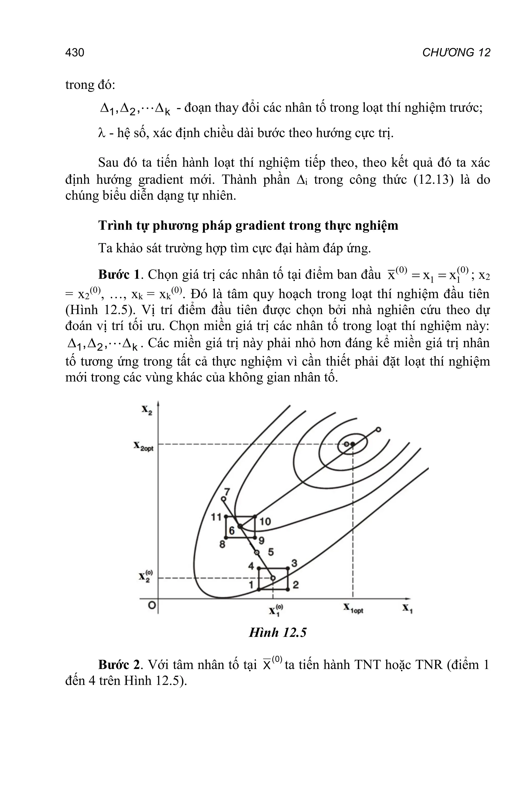 CHƯƠNG 12
430
trong đó:
k
2
1 ,
, 

  - đoạn thay đổi các nhân tố trong loạt thí nghiệm trước;
 - hệ số, xác định chiều dài bước theo hướng cực trị.
Sau đó ta tiến hành loạt thí nghiệm tiếp theo, theo kết quả đó ta xác
định hướng gradient mới. Thành phần i trong công thức (12.13) là do
chúng biểu diễn dạng tự nhiên.
Trình tự phương pháp gradient trong thực nghiệm
Ta khảo sát trường hợp tìm cực đại hàm đáp ứng.
Bước 1. Chọn giá trị các nhân tố tại điểm ban đầu (0) (0)
1 1
x x x
  ; x2
= x2
(0)
, …, xk = xk
(0)
. Đó là tâm quy hoạch trong loạt thí nghiệm đầu tiên
(Hình 12.5). Vị trí điểm đầu tiên được chọn bởi nhà nghiên cứu theo dự
đoán vị trí tối ưu. Chọn miền giá trị các nhân tố trong loạt thí nghiệm này:
k
2
1 ,
, 

  . Các miền giá trị này phải nhỏ hơn đáng kể miền giá trị nhân
tố tương ứng trong tất cả thực nghiệm vì cần thiết phải đặt loạt thí nghiệm
mới trong các vùng khác của không gian nhân tố.
Hình 12.5
Bước 2. Với tâm nhân tố tại
)
0
(
X ta tiến hành TNT hoặc TNR (điểm 1
đến 4 trên Hình 12.5).
 
