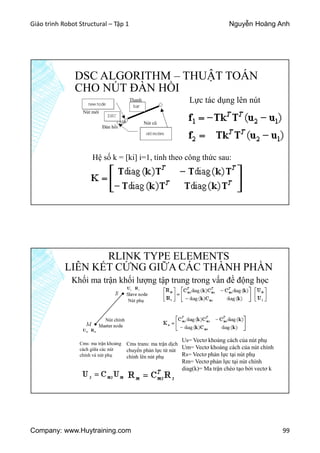 Giáo trình Robot Structural – Tập 1 Nguyễn Hoàng Anh
Company: www.Huytraining.com 99
DSC ALGORITHM – THUẬT TOÁN
CHO NÚT ĐÀN HỒI
Đàn hồi
Nút mới
Nút cũ
Thanh Lực tác dụng lên nút
Hệ số k = [ki] i=1, tính theo công thức sau:
RLINK TYPE ELEMENTS
LIÊN KẾT CỨNG GIỮA CÁC THÀNH PHẦN
Nút phụ
Nút chính
Khối ma trận khối lượng tập trung trong vấn đề động học
Cms trans: ma trận dịch
chuyển phản lực từ nút
chính lên nút phụ
Cms: ma trận khoảng
cách giữa các nút
chính và nút phụ
Us= Vectơ khoảng cách của nút phụ
Um= Vectơ khoảng cách của nút chính
Rs= Vectơ phản lực tại nút phụ
Rm= Vectơ phản lực tại nút chính
diag(k)= Ma trận chéo tạo bởi vectơ k
 