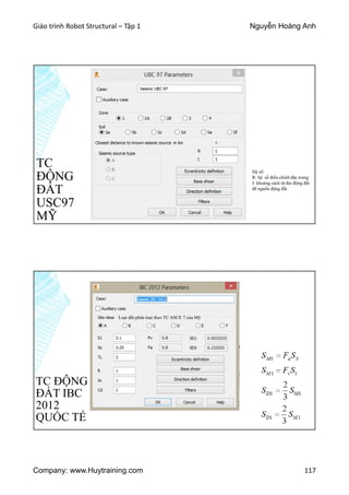 Giáo trình Robot Structural – Tập 1 Nguyễn Hoàng Anh
Company: www.Huytraining.com 117
TC
ĐỘNG
ĐẤT
USC97
MỸ
Khu vực động đất
Zone = 0, Z = 0
Zone = 1, sZ = 0.075
Zone = 2A, Z = 0.15
Zone = 2B, Z = 0.20
Zone = 3, Z = 0.30
Zone = 4, Z = 0.40
Loại đất:
Sa – Đá cứng
Sb - Đá
Sc – Đất chặc hoặc đá mềm
Sd – đất cứng
Se – Đất
Sf – theo TC UBC 1629.3.1
Hệ số:
R: hệ số điều chỉnh đặc trưng
I: khoảng cách từ đai động đất
đế nguồn động đất
TC ĐỘNG
ĐẤT IBC
2012
QUỐC TẾ
Loại đất phân loại theo TC ASCE 7 của Mỹ
Các hệ số
S1: Gia tốc phổ cho chu kỳ
ngắn
Ss: Gia tốc phổ cho chu kỳ
thứ 2 đầu tiên
TL: chu kỳ chuyển tiếp
R: hệ số điều chỉnh đặc trưng
Ie: hệ số quan trọng
Fv, Fa : hệ số nội suy từ S1
và Ss
 