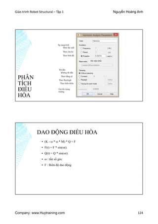 Giáo trình Robot Structural – Tập 1 Nguyễn Hoàng Anh
Company: www.Huytraining.com 124
PHÂN
TÍCH
ĐIỀU
HÒA
Sự sung kích
Theo tần suất
Theo chu kỳ
Theo biên độ
Ma trận khối
Tắt dần
Không tắt dần
Theo hằng số
Theo Rayleigh
Theo biến thiên
Gia tốc trọng
trường
DAO ĐỘNG ĐIỀU HÒA
▪ (K - ω * ω * M) * Q = F
▪ F(t) = F * sin(ωt).
▪ Q(t) = Q * sin(ωt).
▪ ω : tần số góc
▪ F : Biên độ dao động
 