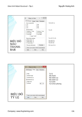 Giáo trình Robot Structural – Tập 1 Nguyễn Hoàng Anh
Company: www.Huytraining.com 136
BIỂU ĐỒ
MÀU
THANH-
BAR
Thành phần Lực
Ứng suất
Ứng suất Cắt/ xoắn
Ứng suất cắt Ty
Ứng suất cắt Tz
Ứng suất xoắn
Biến dạng kết cấu
BIỂU ĐỒ
TỶ LỆ
Tỷ lệ
Dài thanh
Độ mãnh Lay
Độ mãnh Laz
Tỷ lệ dẽo
Tỷ lệ theo phương
 