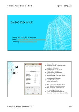 Giáo trình Robot Structural – Tập 1 Nguyễn Hoàng Anh
Company: www.Huytraining.com 138
BẢNG ĐỒ MÀU
Hướng dẫn: Nguyễn Hoàng Anh
Home: www.facebook.comhoanganhtraining
Company: www.huytraining.com
XEM
CHI
TIẾT
 Stresses -: Ứng suất
 Membrane Forces - N: Lực căng màng
mỏng
 Moments - M: Mô men.
 Shear Stresses – t: Ứng suất cắt
 Shear Forces Q: Lực cắt
 Displacements –u,w: Chuyển vị
 Rotations - R: Xoay
 Soil resistance K. Phản lực từ đất nền
 Isolines: Hiển thị đường bao
 Maps: Hiển thị vùng màu
 Values: Hiển thị giá trị
 With normalization: theo dạng chuẩn
 With FE mesh: Hiện chia lưới phần tử
 With description: Hiện mô tả giá trị
 No smoothing: không làm mịn
 Global smoothing: làm mịn tổng thể
 Smoothing within a panel: làm mịn với tấm
 
