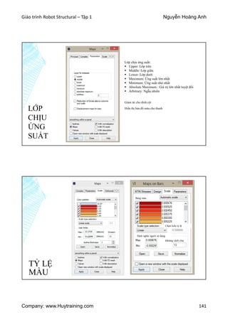 Giáo trình Robot Structural – Tập 1 Nguyễn Hoàng Anh
Company: www.Huytraining.com 141
LỚP
CHỊU
ỨNG
SUẤT
Lớp chịu ứng suất:
 Upper: Lớp trên
 Middle: Lớp giữa
 Lower: Lớp dưới
 Maximum: Ứng suất lớn nhất
 Minimum: Ứng suất nhỏ nhất
 Absolute Maximum : Giá trị lớn nhất tuyệt đối
 Arbitrary: Ngẫu nhiên
Giảm tải cho đỉnh cột
Hiển thị bản đồ màu cho thanh
TỶ LỆ
MÀU
Bảng màu
Chọn kiểu tỷ lệ
Định nghĩa người sử dụng
khoảng cách chia
 