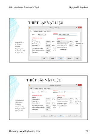 Giáo trình Robot Structural – Tập 1 Nguyễn Hoàng Anh
Company: www.Huytraining.com 26
THIẾT LẬP VẬT LIỆU
Mô đun đàn hồi, E:
Hệ số Pission v
Mô đuncắt
Sức bền của thép
Hệ số khử cắt
Giới hạn ứng suất kéo
Trọng lượng riêng
Hệ số giản nở vì nhiệt
Hệ số giảm chấn
Tính đàn hồi của thép
Diễn giải
THIẾT LẬP VẬT LIỆU
Mô đun đàn hồi, E:
Hệ số Pission v
Mô đun cắt
Sức bền của thép
Hệ số khử cắt
Giới hạn ứng suất kéo
Trọng lượng riêng
Hệ số giản nở vì nhiệt
Hệ số giảm chấn
Tính đàn hồi của thép
Diễn giải
 