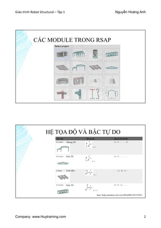 Giáo trình Robot Structural – Tập 1 Nguyễn Hoàng Anh
Company: www.Huytraining.com 2
CÁC MODULE TRONG RSAP
HỆ TỌA ĐỘ VÀ BẬC TỰ DO
Kết cấu Hệ tọa độ bậc tự do tại nút
Khung 2D
Giàn 2D
Lưới dầm
Giàn 3D
http://help.autodesk.com/view/RSAPRO/2015/ENU
 