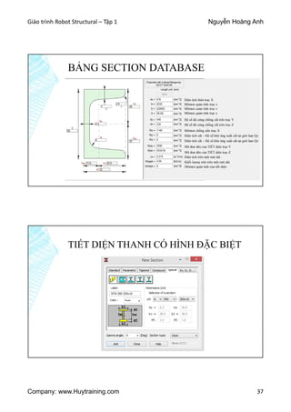 Giáo trình Robot Structural – Tập 1 Nguyễn Hoàng Anh
Company: www.Huytraining.com 37
BẢNG SECTION DATABASE
Diện tích thép trục X
Mômen quán tính trục y
Mômen quán tính trục x
Mômen quán tính trục z
Hệ số độ cứng chống cắt trên trục Y
Hệ số độ cứng chống cắt trên trục Z
Mômen chống uốn trục X
Diện tích cắt – Hệ số khử ứng xuất cắt tại giới hạn Qy
Diện tích cắt – Hệ số khử ứng xuất cắt tại giới hạn Qz
Mô đun dẽo của TIẾT diện trục Y
Mô đun dẽo của TIẾT diện trục Z
Khối lượng trên trên một mét dài
Diện tích trên một mét dài
Mômen quán tính của tiết diện
TIẾT DIỆN THANH CÓ HÌNH ĐẶC BIỆT
 