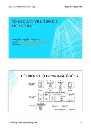Giáo trình Robot Structural – Tập 1 Nguyễn Hoàng Anh
Company: www.Huytraining.com 45
TỔNG QUAN VỀ CƠ SỞ DỮ
LIỆU VỀ BTCT
Hướng dẫn: Nguyễn Hoàng Anh
Home: www.facebook.comhoanganhtraining
Company: www.huytraining.com
TIẾT DIỆN SƠ BỘ TRONG DẦM BÊ TÔNG
Theo Sổ tay kết cấu – Vũ Mạnh Hùng
 