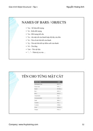Giáo trình Robot Structural – Tập 1 Nguyễn Hoàng Anh
Company: www.Huytraining.com 52
NAMES OF BARS / OBJECTS
▪ %n – Số hiệu đối tượng
▪ %t – Kiểu đối tượng
▪ %o - Đối tượng kết cấu
▪ %s – tên mặt cắt của thanh hoặc độ dày của tấm
▪ %i – Tên số nút liên kết của thanh
▪ %j – Tên nút liên kết tại điểm cuối của thanh
▪ %l – Tên tầng
▪ %m – Tên vật liệu
▪ “…” – Thêm ký tự vào …
TÊN CHO TỪNG MẶT CẮT
 