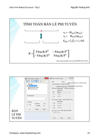 Giáo trình Robot Structural – Tập 1 Nguyễn Hoàng Anh
Company: www.Huytraining.com 59
TÍNH TOÁN BẢN LỀ PHI TUYẾN
http://help.autodesk.com/view/RSAPRO/2015/ENU/
BẢN
LỀ PHI
TUYẾN
Kiểm tra ứng suất và mômen riêng
Kiểu lực chuyển vị
Kiểu mômen xoay
Kiểu ứng suất căng
Định nghĩa mô hình bản lề
 