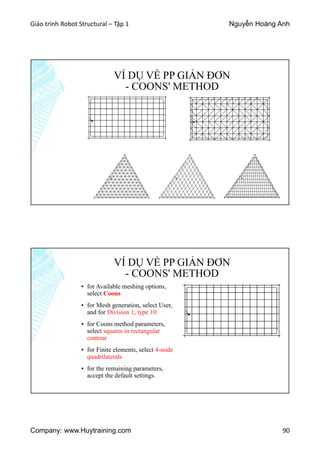 Giáo trình Robot Structural – Tập 1 Nguyễn Hoàng Anh
Company: www.Huytraining.com 90
VÍ DỤ VỀ PP GIẢN ĐƠN
- COONS' METHOD
VÍ DỤ VỀ PP GIẢN ĐƠN
- COONS' METHOD
▪ for Available meshing options,
select Coons
▪ for Mesh generation, select User,
and for Division 1, type 10
▪ for Coons method parameters,
select squares in rectangular
contour
▪ for Finite elements, select 4-node
quadrilaterals
▪ for the remaining parameters,
accept the default settings.
 