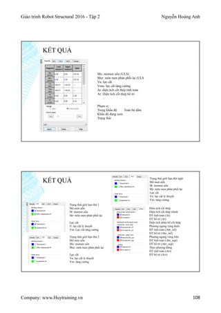Giáo trình Robot Structural 2016 - Tập 2 Nguyễn Hoàng Anh
Company: www.Huytraining.vn 108
KẾT QUẢ
Mu: momen uốn (ULS)
Mur: môn men phân phối lại (ULS
Vu: lực cắt
Vmu: lực cắt tăng cường
At: diện tích cốt thép tính toán
Ar: Diện tích cốt thép bố trí
Phạm vị
Trong khẩu độ Toàn bộ dầm
Khẩu độ đang xem
Trạng thái
KẾT QUẢ
Trạng thái giới hạn thứ 1
Mô men uốn
M: momen uốn
Mr: môn men phân phối lại
Lực cắt
V: lực cắt lý thuyết
Vm: Lực cắt tăng cường
Trạng thái giới hạn thứ 2
Mô men uốn
Mu: momen uốn
Mur: môn men phân phối lại
Lực cắt
Vu: lực cắt lý thuyết
Vm: tăng cường
Diên tích cốt thép
Diện tích cốt thép chính
DT tính toán (At)
DT bố trí (Ar)
Diện tích phân bố cốt thép
Phương ngang vùng dưới
DT tính toán (Aht_inf)
DT bố trí (Ahr_inf)
Phương ngang vùng trên
DT tính toán (Aht_sup)
DT bố trí (Ahr_sup)
Theo phương đứng
DT tính toán (Avt)
DT bố trí (Avr)
Trạng thái giới hạn đột ngột
Mô men uốn
M: momen uốn
Mr: môn men phân phối lại
Lực cắt
Vu: lực cắt lý thuyết
Vm: tăng cường
 