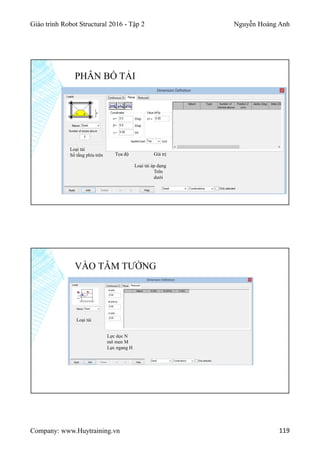 Giáo trình Robot Structural 2016 - Tập 2 Nguyễn Hoàng Anh
Company: www.Huytraining.vn 119
PHÂN BỐ TẢI
Loại tải
Số tầng phía trên Tọa độ Giá trị
Loại tải áp dụng
Trên
dưới
VÀO TÂM TƯỜNG
Loại tải
Lực dọc N
mô men M
Lực ngang H
 