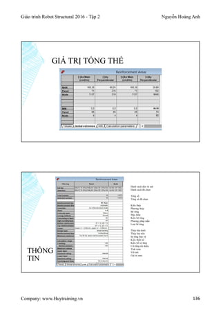 Giáo trình Robot Structural 2016 - Tập 2 Nguyễn Hoàng Anh
Company: www.Huytraining.vn 136
GIÁ TRỊ TỔNG THỂ
THÔNG
TIN
Danh sách tấm và nút
Danh sách đã chọn
Tổng số
Tổng số đã chọn
Kiểu thép
Phương thép
Bê tông
Mác thép
Kiểu bê tông
Phương pháp mẫu
Loại bê tông
Thép lớp dưới
Thép lớp trên
bê tông bảo vệ
Kiểu thiết kế
Kiểu bố trí thép
Cốt thép tối thiểu
Tính toán
Vết nứt
Giá trị max
 