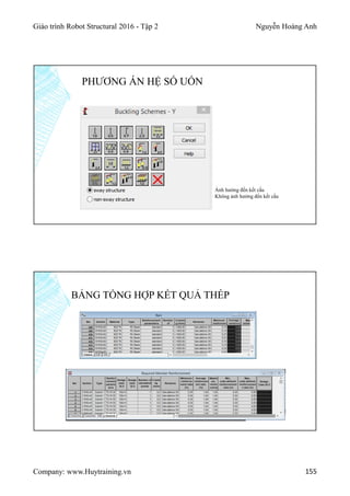 Giáo trình Robot Structural 2016 - Tập 2 Nguyễn Hoàng Anh
Company: www.Huytraining.vn 155
PHƯƠNG ÁN HỆ SỐ UỐN
Ảnh hưởng đến kết cấu
Không ảnh hưởng đến kết cấu
BẢNG TỔNG HỢP KẾT QUẢ THÉP
 