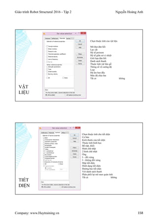 Giáo trình Robot Structural 2016 - Tập 2 Nguyễn Hoàng Anh
Company: www.Huytraining.vn 158
VẬT
LIỆU
Chọn thuộc tính của vật liệu
Mô đun đàn hồi
Lực cắt
Hệ số poisson
Hệ số giãn nở vì nhiệt
Giới hạn đàn hồi
Danh sách thanh
Thuộc tính vật liệu gỗ
Thông số về cường độ
Loại
Độ ẩm ban đầu
Mức độ chịu lửa
Tất cả không
TIẾT
DIỆN
Chọn thuộc tính cho tiết diện
Cơ bản
Kích thước của tiết diện
Thuộc tính hình học
Bề mặt, khối
Hình chữ nhật
2 hình chữ nhật
Ống
I – đối xứng
I – không đối xứng
Hộp tiết diện
Hình dạng tiết diện
Đường bao tiết diện
Với danh sách thanh
Phân phối lại mô men quán tính
Tất cả không
 