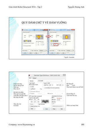 Giáo trình Robot Structural 2016 - Tập 2 Nguyễn Hoàng Anh
Company: www.Huytraining.vn 165
QUY DẦM CHỮ T VỀ DẦM VUÔNG
Nguồn: Autodesk
Bề rộng gối
Đầu Cuối
Theo kích thước của mô hình
Giá trị bằng số
Tính toán theo lực
Thêm các thuộc tính
Chiều dài nhịp
Lấy từ mặt gối đỡ
Trên trục
Theo hệ số
Độ lệch cho phép
Theo giá trị tuyệt đối
Tính dầm tiết diện chữ T
Độ rộng lớn nhất
Theo dày sàn
Uốn đơn
 