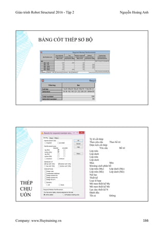 Giáo trình Robot Structural 2016 - Tập 2 Nguyễn Hoàng Anh
Company: www.Huytraining.vn 166
BẢNG CỐT THÉP SƠ BỘ
Tỷ lê cốt thép
Theo yêu cầu Theo bố trí
Diện tích cốt thép
Yêu cầu Bố trí
Lớp trên
Lớp dưới
Lớp trên
Lớp dưới
Max Min
Khoảng cách phân bố
Lớp trên (My) Lớp dưới (My)
Lớp trên (Mz) Lớp dưới (Mz)
Nội lực
Thiết kế
Loại tổ hợp
Mô men thiết kế My
Mô men thiết kế Mz
Lực dọc thiết kế N
Đánh dấu
Tất cả không
THÉP
CHỊU
UỐN
 